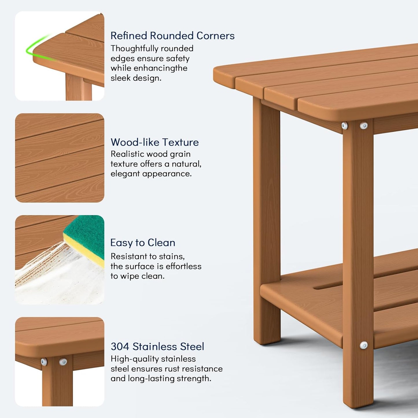 Adirondack Square Side Table - 18.4" Large Panel HDPE Outdoor End Table - Weatherproof, Rustproof & Low Maintenance for Patio, Lawn, Pool, Indoor Use (Teak)