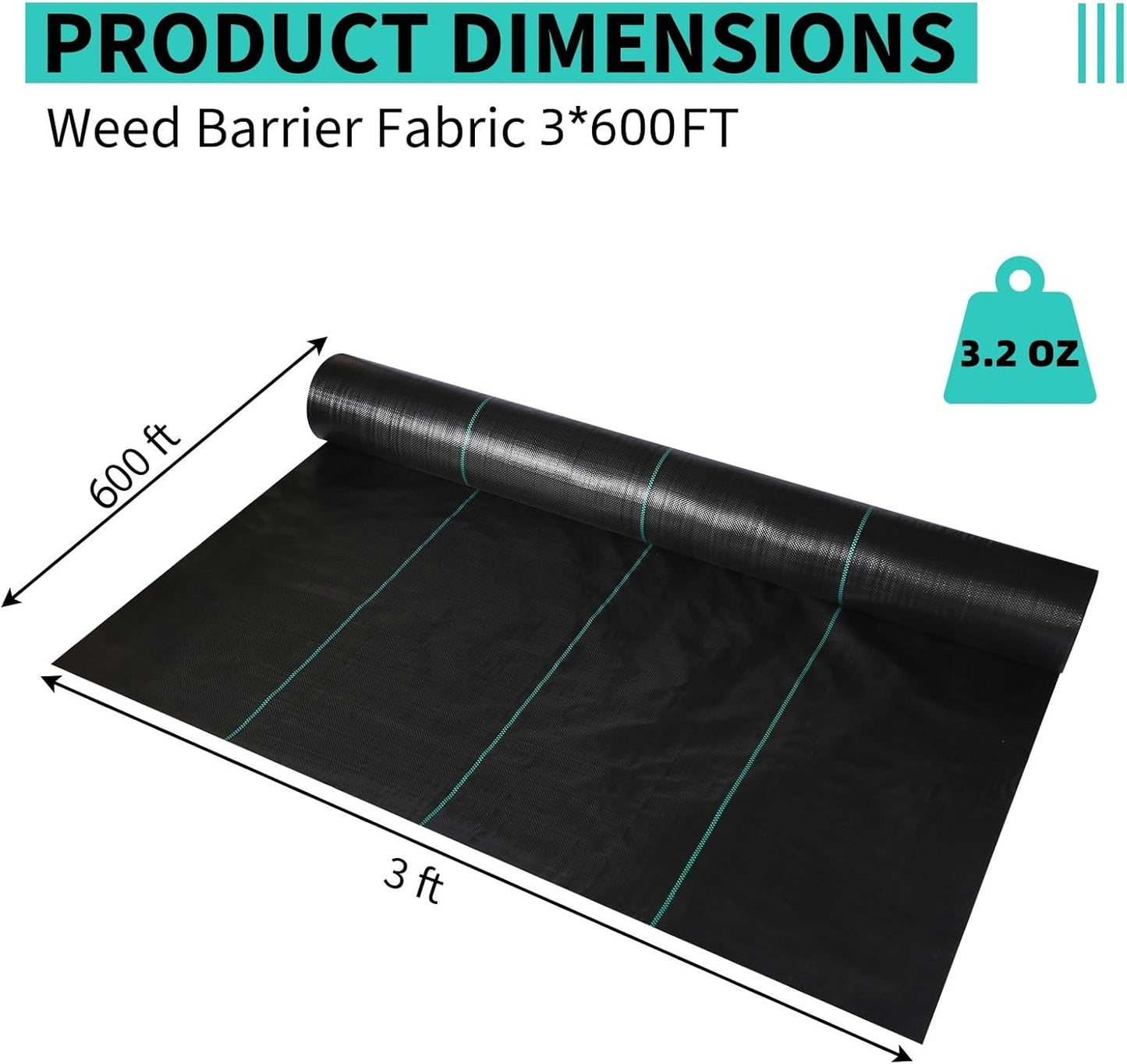 3 x 600 FT Weed Barrier Fabric,3.2 OZ Landscape Fabric,Heavy Duty PP Ground Cover for Gardening,Farming