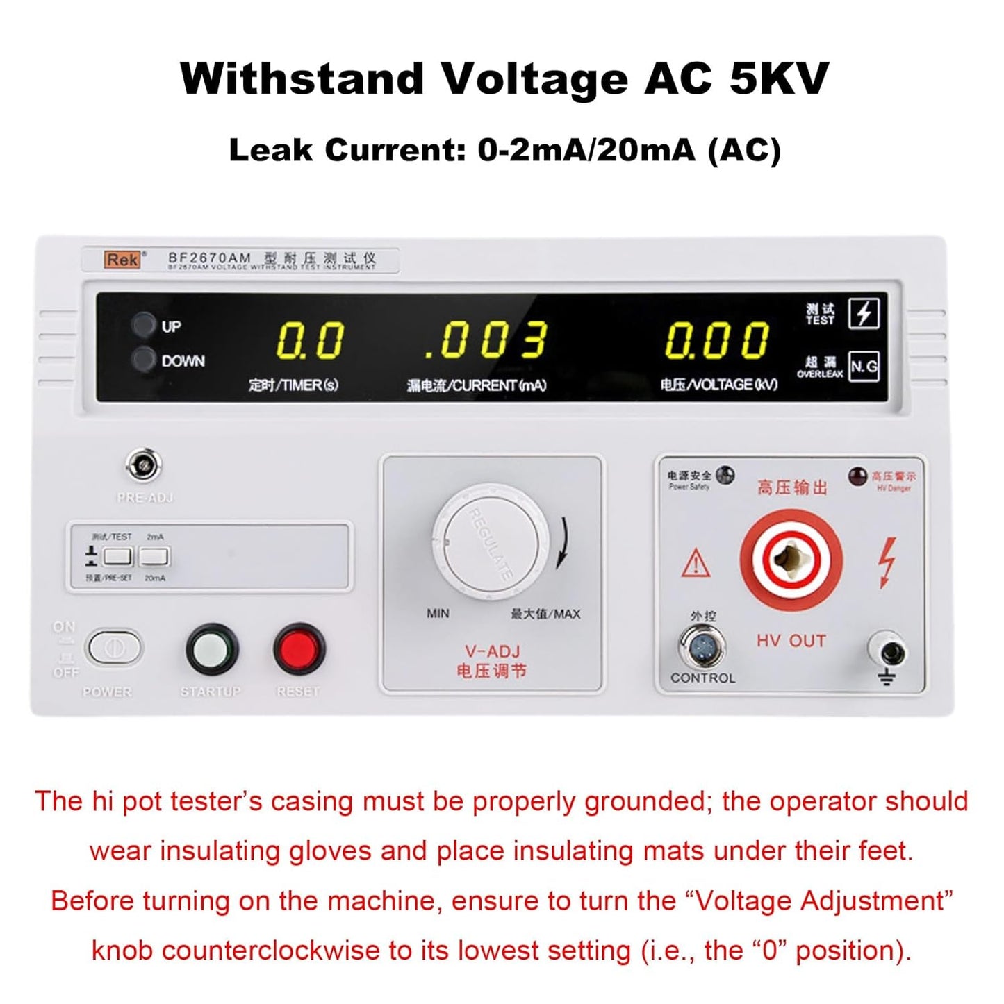 RK2670AM Withstand Hi Pot Tester, 110V 5KV AC Voltage Tester, Power Equipment Electrical Insulation Resistance Testing Tool with Digital Display
