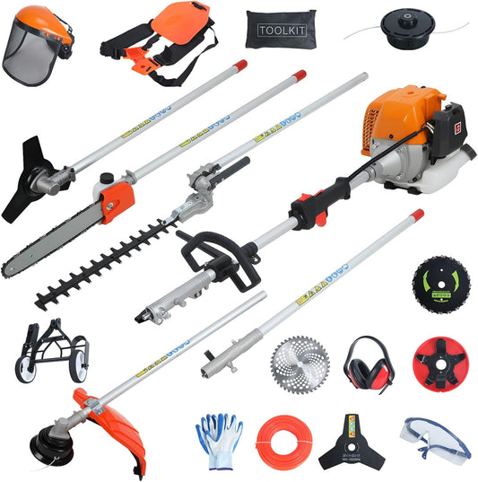 8 in 1Gas Weed Eater,52cc 2 Stroke Full-Functional Petrol Hedge Trimmer,Gas Weed Wacker,Grass Cutter Machine,Straight Shaft Grass Trimmer Cordless for Gardening (Orange)