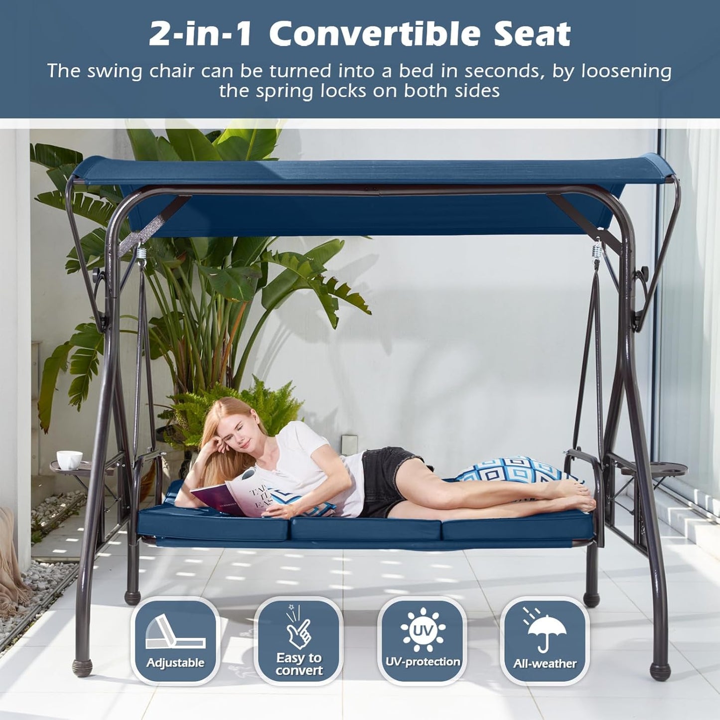 800LBS Patio Swing with Canopy 3 Seat Outdoor Porch Swing with Stand w/Cup Holder & Pillow Glider Chair Swing Bed for Patio Backyard Poolside (Blue)