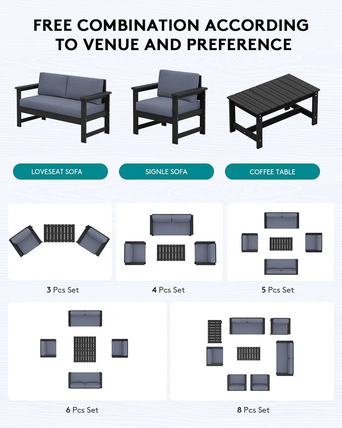 SERWALL 3 Pieces HDPE Outdoor Sofa Bistro Set with Cushions, Outdoor Furniture Sofa Sets with Coffee Table and Cushions, All Weather Conversation Social Set, Black Frame and Grey Cushion