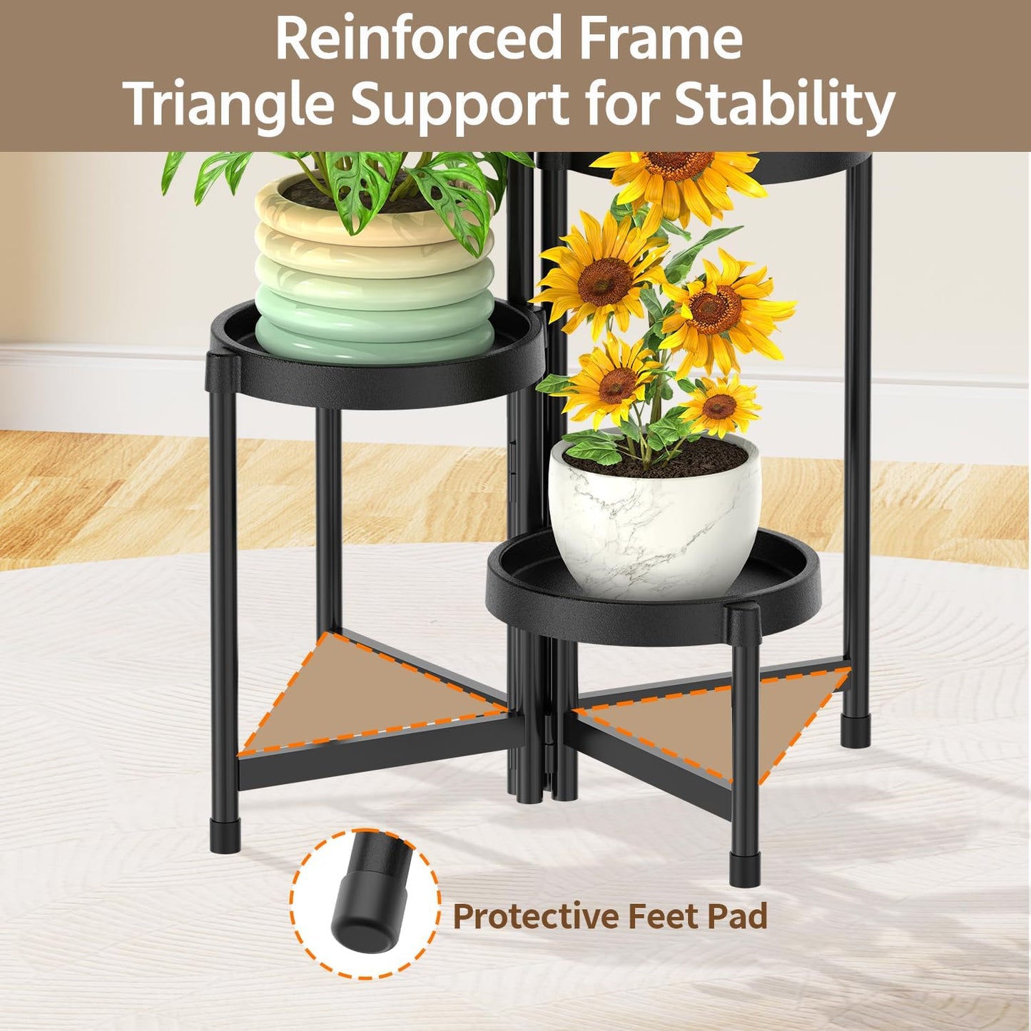 LASZOLA 4 Tiered Folding Plant Stand Indoor for Multiple Large Planter, Tall Heavy Duty Adjustable Rack with Rust Proof Plastic Shelving, Sturdy Vertical Tree Organizer for Narrow Inside Floor, Black