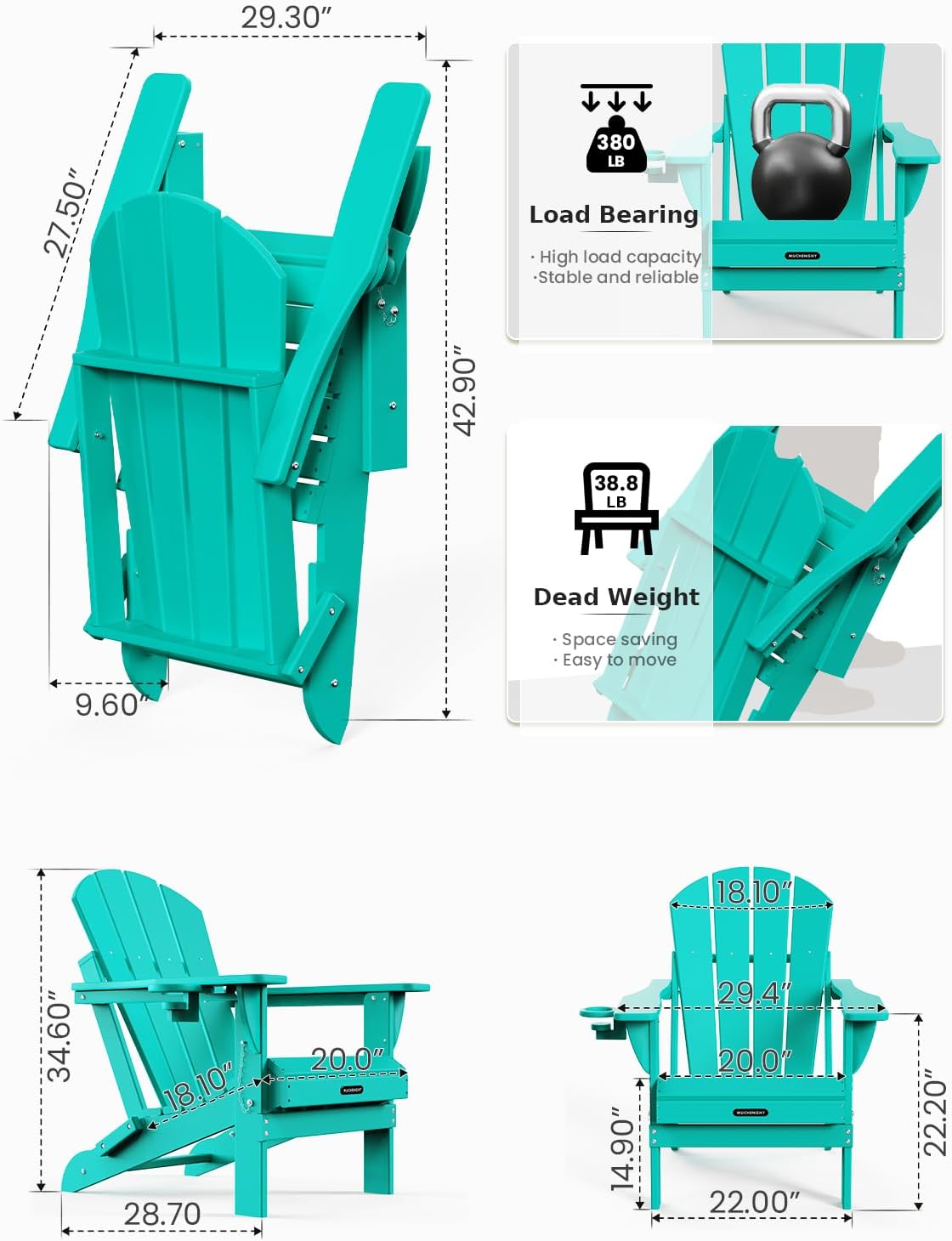 MUCHENGHY Folding Adirondack Chairs 4 Pack, Patio Chairs, Outdoor Chairs, Adirondack Chair Plastic, Fire Pit Chairs, Weather Resistant with Cup Holder for Deck, Backyard, Garden(Lake Blue)