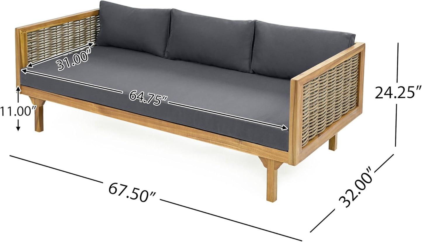 Christopher Knight Home Claremont Patio Sofa and Coffee Table Set, 2 Piece Wicker Patio Furniture Set, Acacia Wood 3 Seater Outdoor Sofa Daybed and Coffee Table Set, Teak+Dark Grey