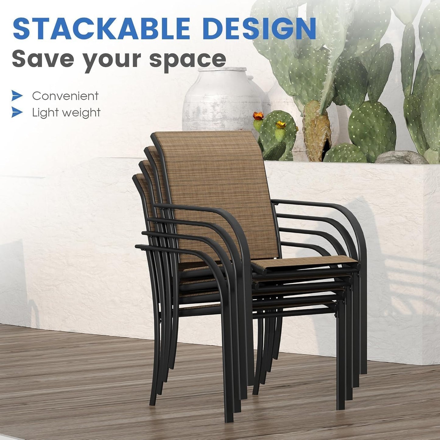 VICLLAX 5 Pieces Patio Dining Set for 4, Outdoor Furniture Set Includes 40.7" Round Patio Table and 4 Patio Stackable Chairs, Black Tabletop and Brown Fabric