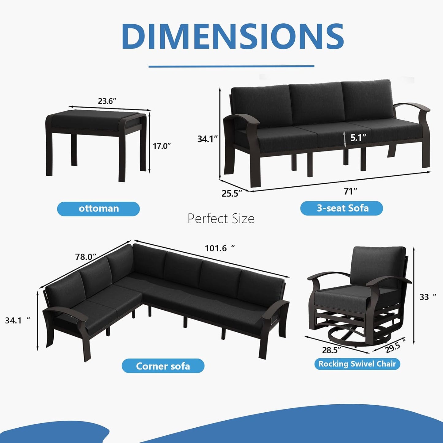 Aluminum Patio Furniture Set with Fire Pit Table, 11 Seats Outdoor Patio Conversation Set with Swivel Chair Modern Metal Patio Sectional Sofa with Coffee Table for Patio, Backyard(Dark Grey).