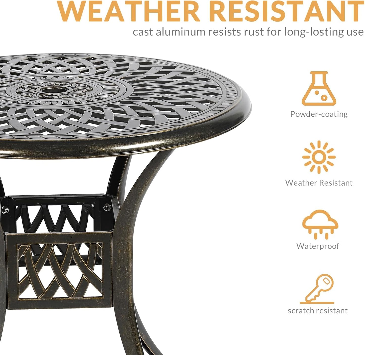 3-Piece Outdoor Patio Dining Set, All-Weather Cast Aluminum Patio Furniture Set for Backyard Garden Deck with 2 Cushioned Chairs and 31” Round Table, 2" Umbrella Hole, Chili Red