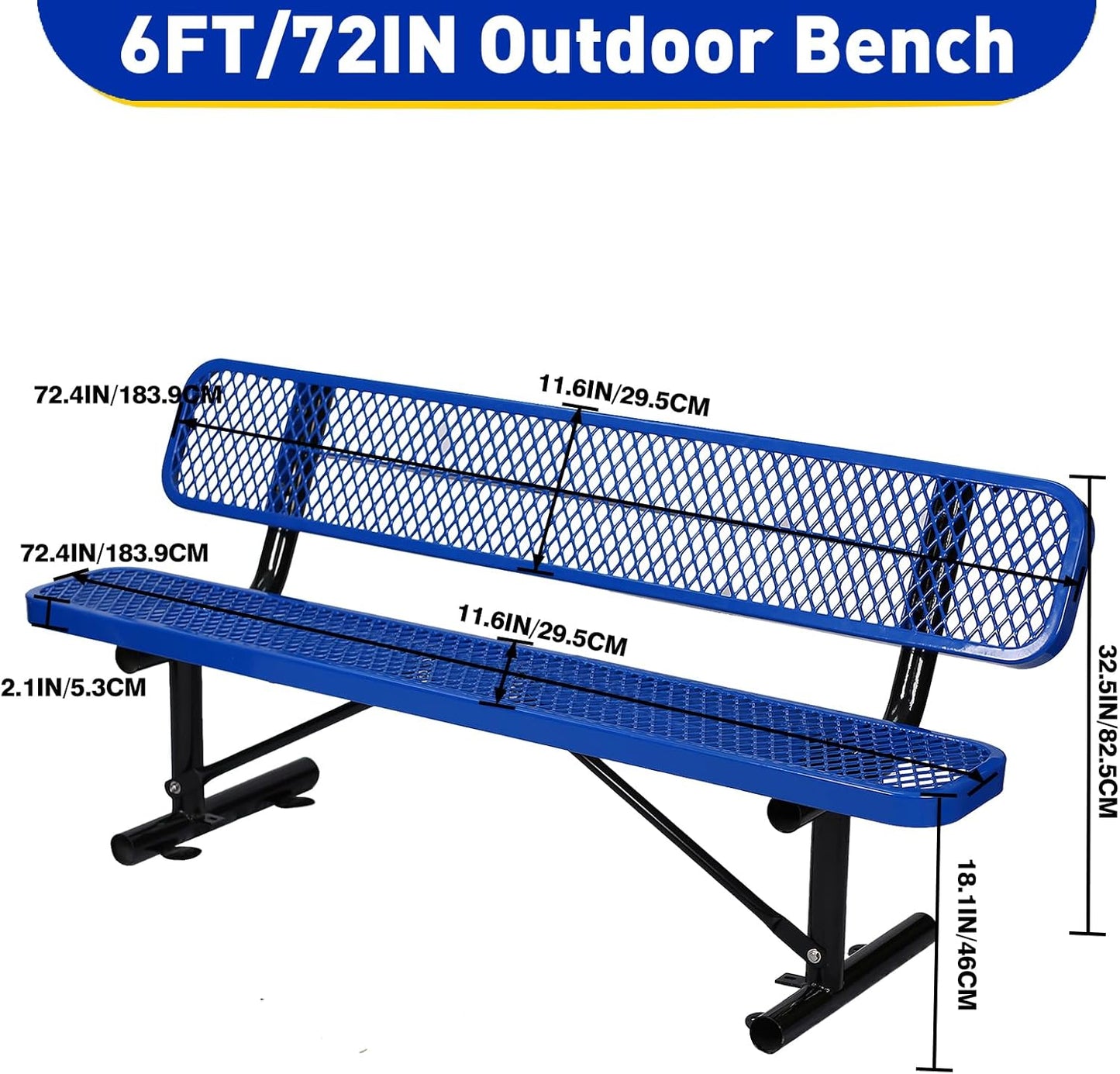 Drexo 6FT Heavy Duty Park Bench with Back Portable Frame, Outdoor Metal Park Bench with Backrest, Steel Mesh Outdoor Bench for Garden, Lawn, Patio, Porch, Park, Yard, Blue