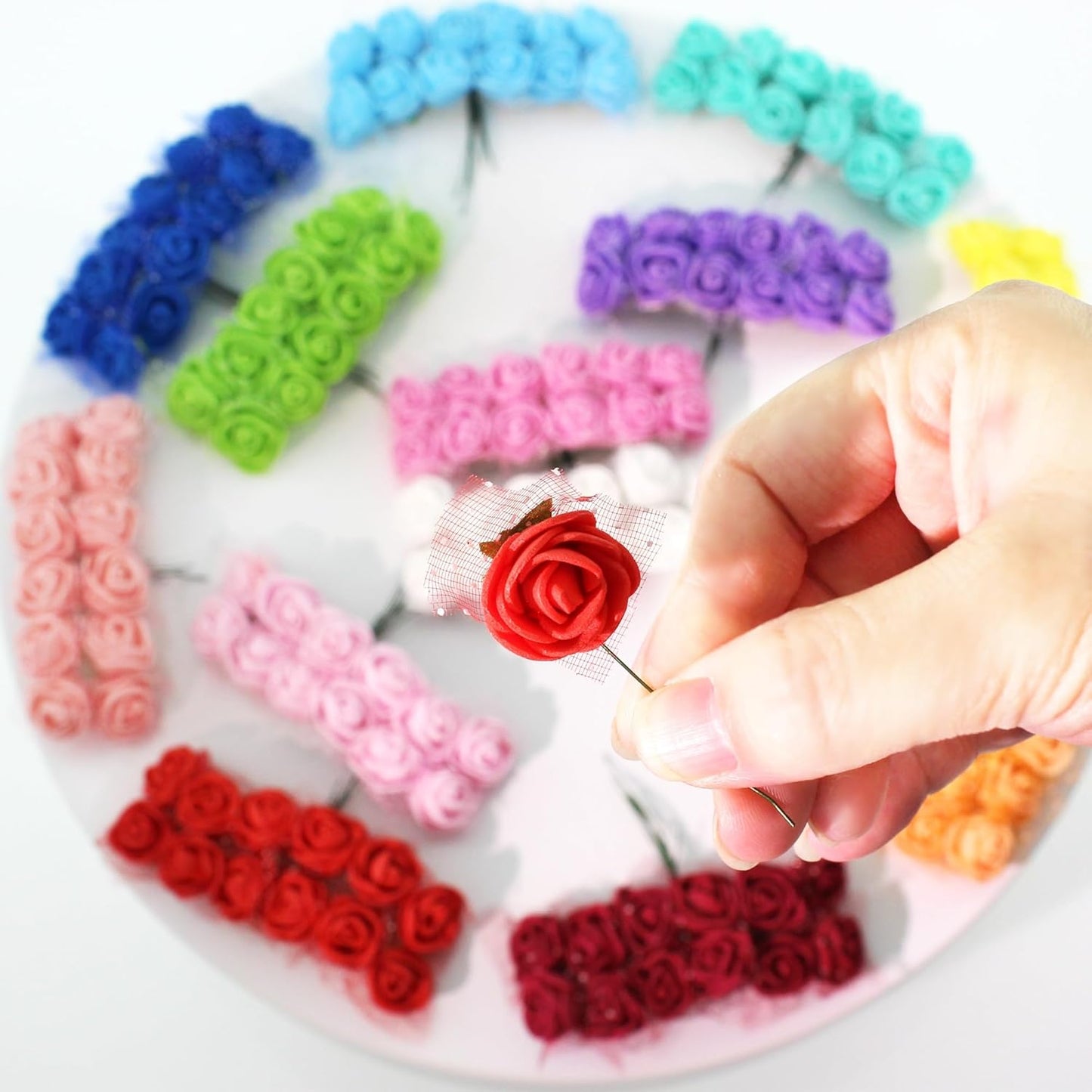 500 Pcs 0.6 Inch Mini Artificial Flowers Head Bulk 5 in 1 Set Faux Foam Fake Small Rose Tiny Baby Flores Bouquet Wreath Gift Hair Clip Home Decoration DIY Craft (Coral Red)