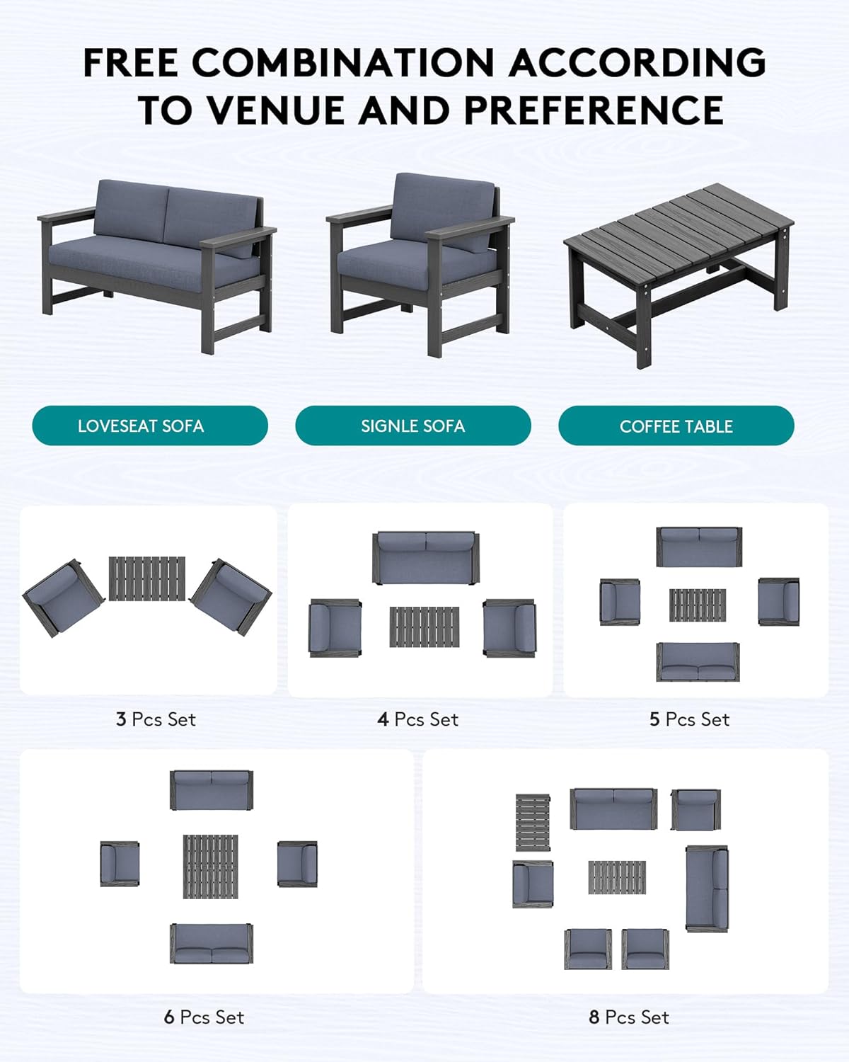 SERWALL 4 Pieces HDPE Outdoor Sofa Set with Cushion, All Weather Use Conversation Couch Set, Outdoor Loveseat Social Furniture with Coffee Table and Cushions, Grey Frame with Grey Cushions