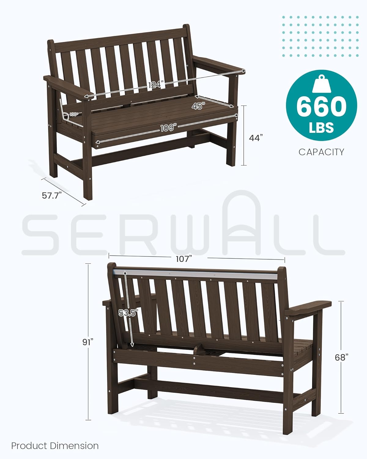 SERWALL Outdoor Bench, HDPE Outdoor Benches Weatherproof, 2-Person Garden Bench with 660 lbs Weight Capacity, Patio Benches for Outdoors, Garden, Porch, Backyard and Park, Coffee, 4 Pack