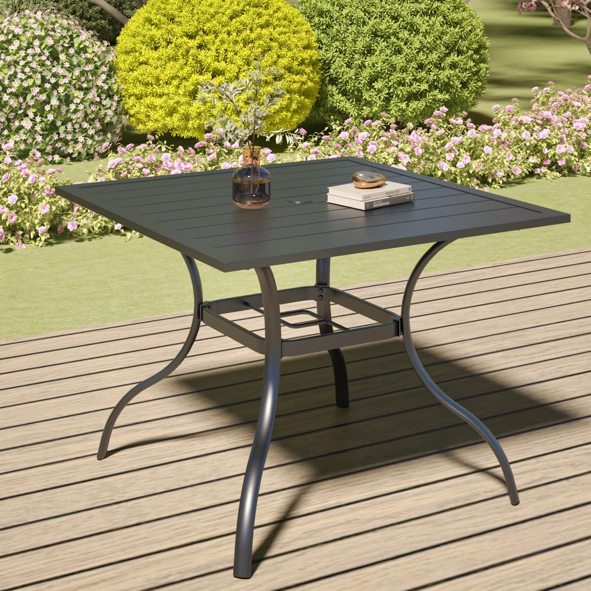 Anumutig 5-Piece Patio Dining Set, 35-Inch Square Table with 4 Stackable Chairs, Black Frame with Red Mesh, Outdoor Furniture