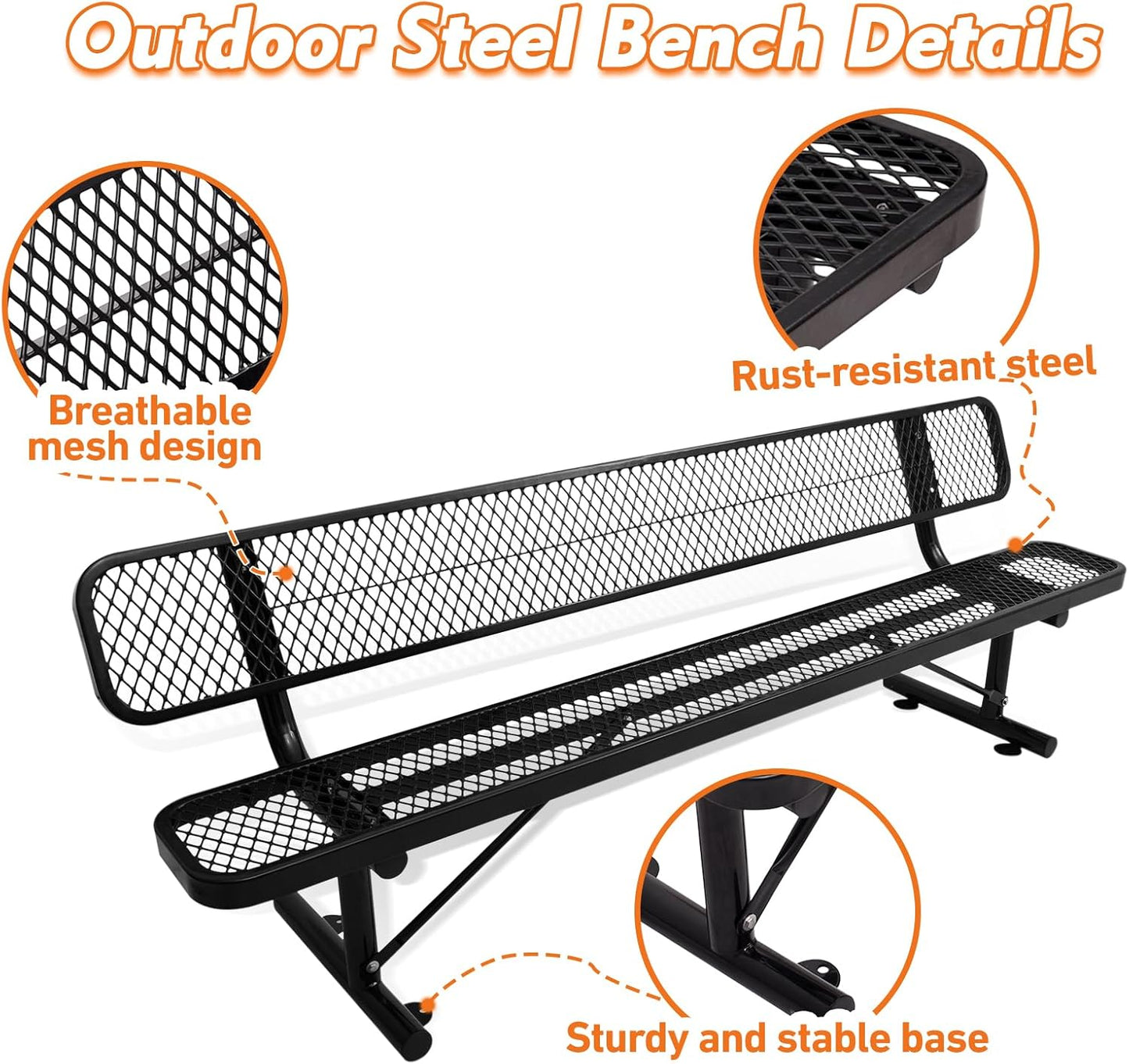 6Ft Outdoor Bench with Back Portable Frame, Outdoor Steel Park Bench with Backrest, Expanded Metal Mesh Bench for Outside, Lawn, Backyard, Park, Deck, Garden, Patio, Porch, Black