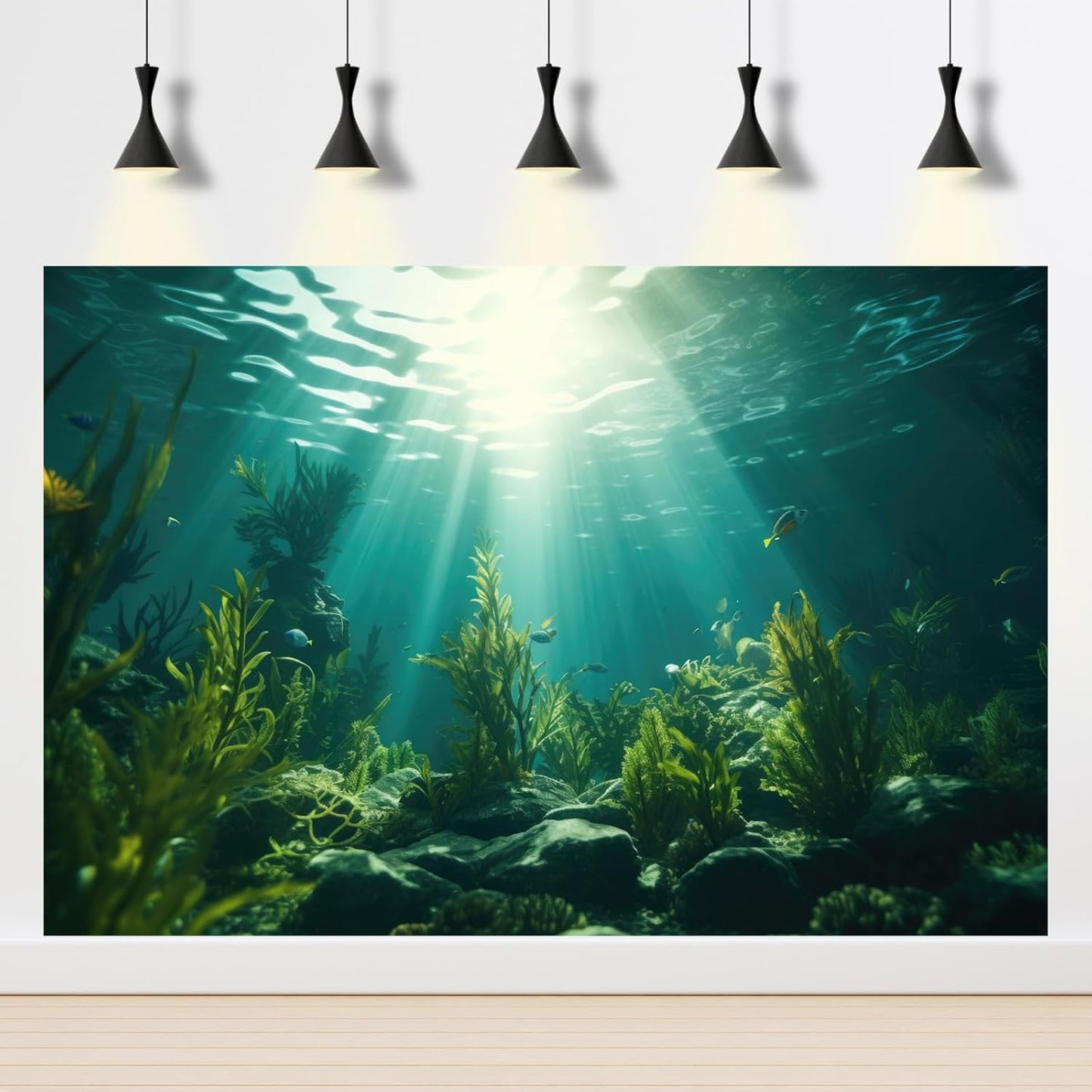 Ocean Aquarium Background Aquatic Plants with Rocks Terrarium Backdrop Sunlight Rays Deep Sea Fish Tank Background Aquarium Wallpaper Poster Decor Vinyl 60x24in