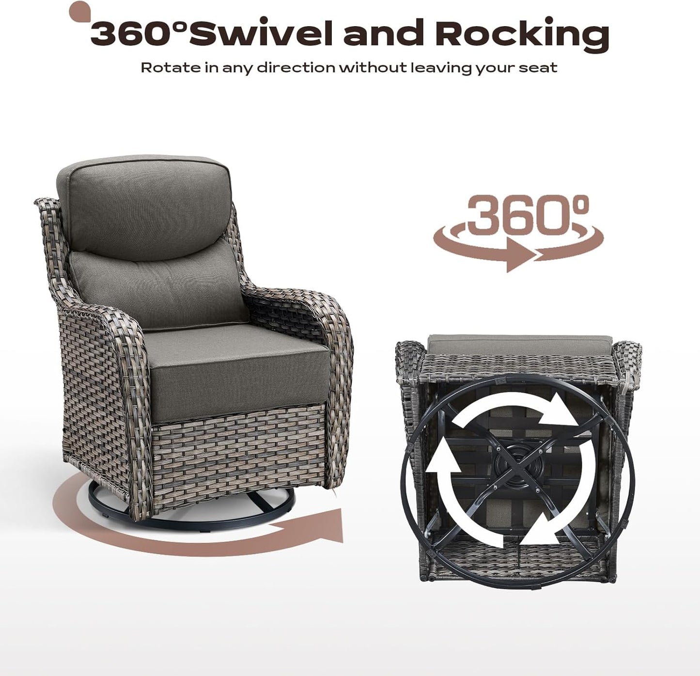Outdoor Patio Swivel Rocker Chairs Set of 2, Waterproof Wicker, High Back, Deep Seating, Wide Armrest, Upgraded 6 inch Thick Cushions, Side Table, Ideal for Deck Porch Yard, Mixed Grey-Grey