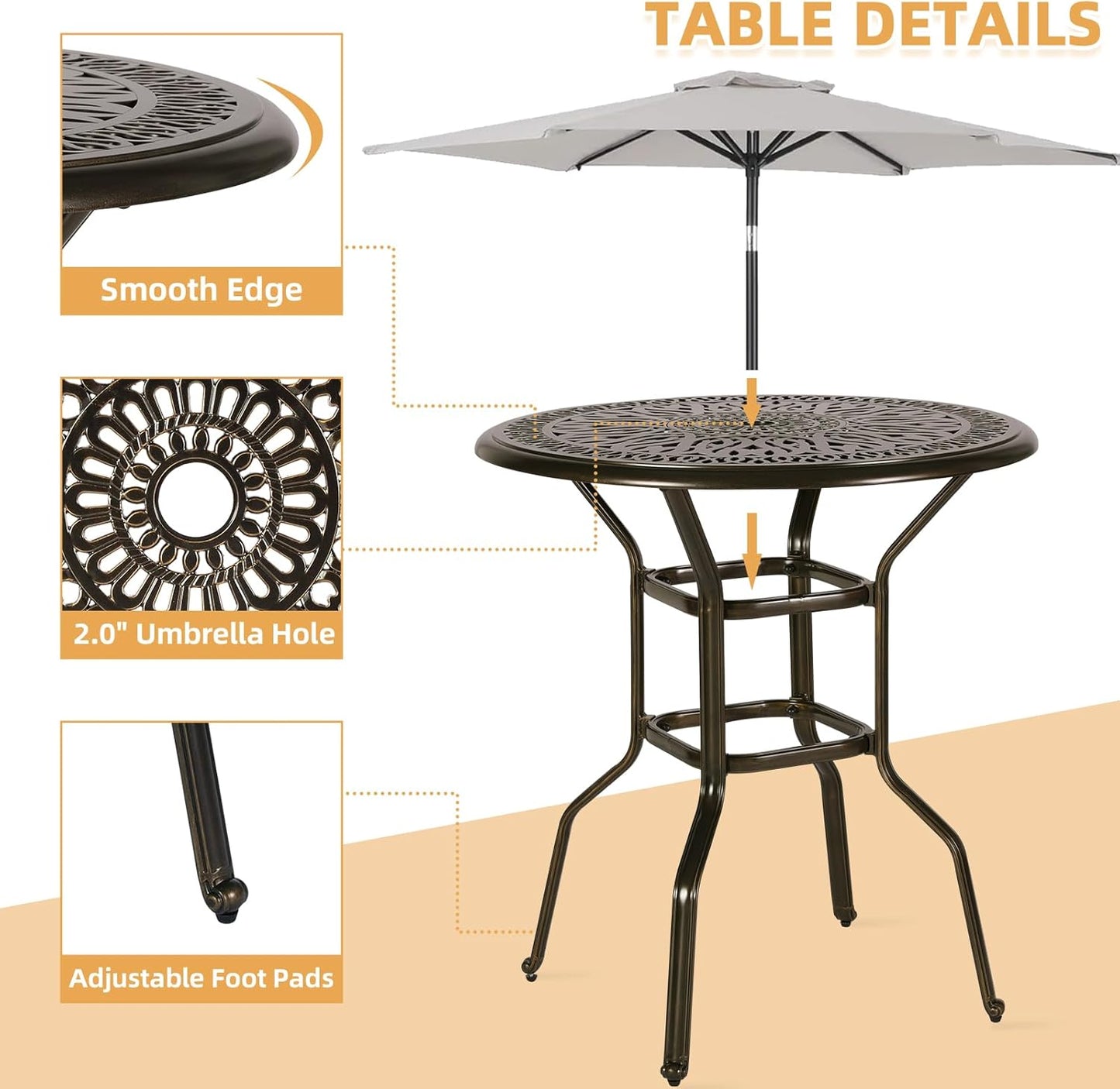 5 Pieces Patio Swivel Bar Set, Patio Bar Table and Chairs Set, All-Weather Cast Aluminum Outdoor Swivel Bar Stools of 4 and 35.4" Bar Height Table, High Top Bistro Set for Deck, Pool, Garden