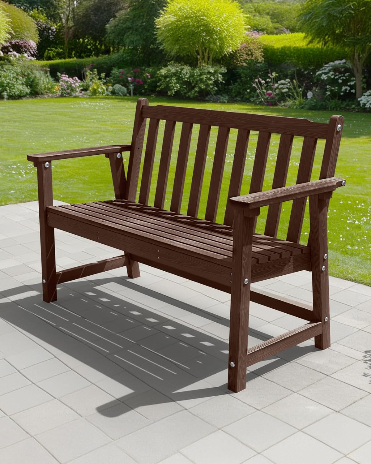 Outdoor Bench, 2-Person HDPE Garden Bench, All Weather Poly Patio Bench for Outdoors, Garden, Backyard, Porch and Park, 550 lbs Weight Capacity, Brown