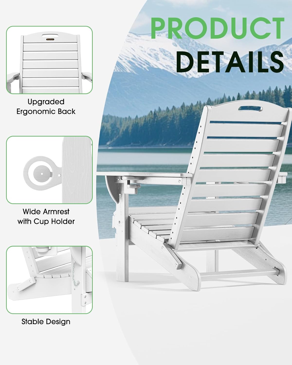 Adirondack Chairs Set of 6, Outdoor Fire Pit Chairs, HDPE All-Weather Adirondack Chairs with Cup Holder, Lawn Chair for Deck, Patio, Garden (White)