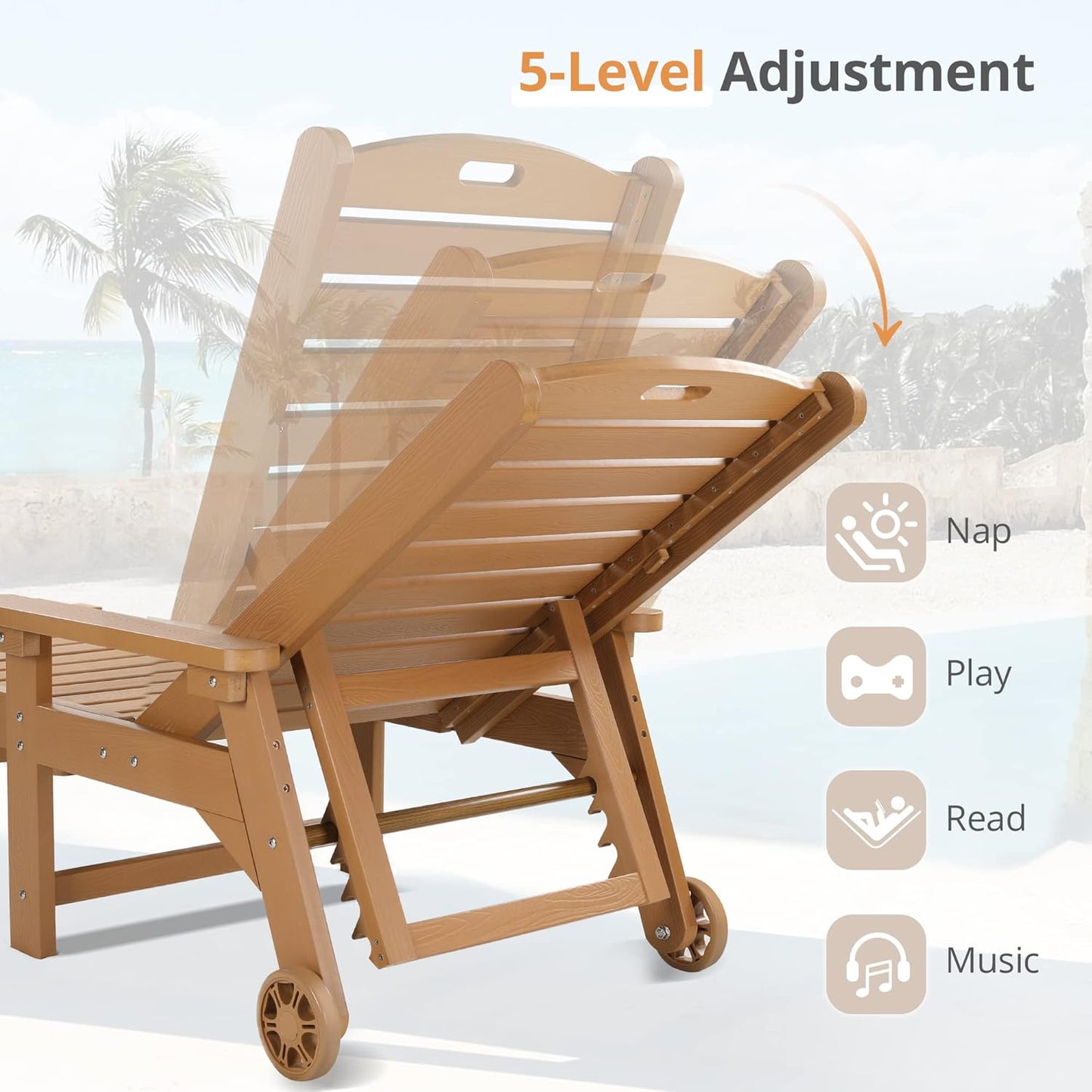 LUE BONA Outdoor Chaise Lounge, 79'' Oversized HDPS Chaise Lounger, 5 Positions Adjustable Lounge Chairs, Pool Lounge Chair with Wheels for Poolside, Backyard, 3 Year Warranty, Teak Color