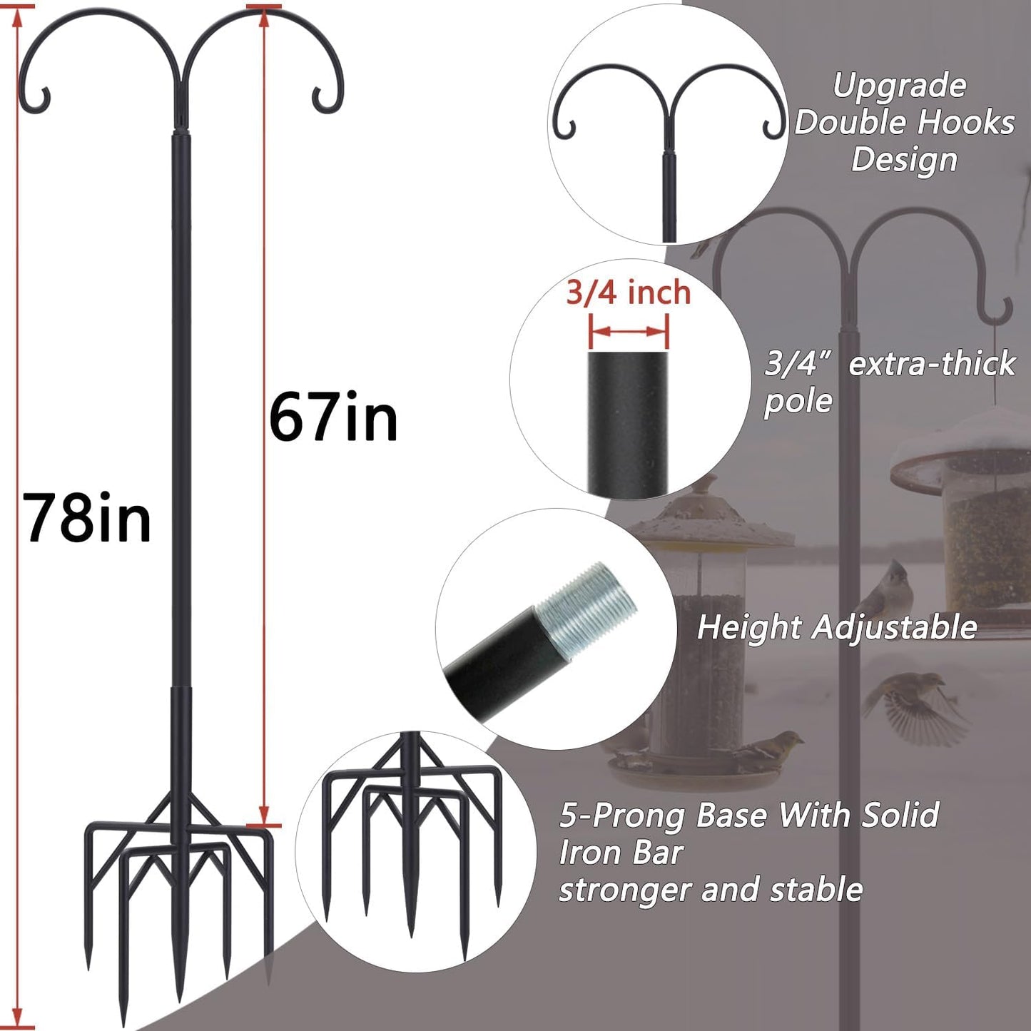 Bird Feeder Pole, Double Shepherds Hooks for Outdoor, 5 Base Prongs Adjustable Stand for Hanging Heavy Duty Feeders, Plant Baskets, Garden Plant Hanger Stands (78Inch, 2 Pack)