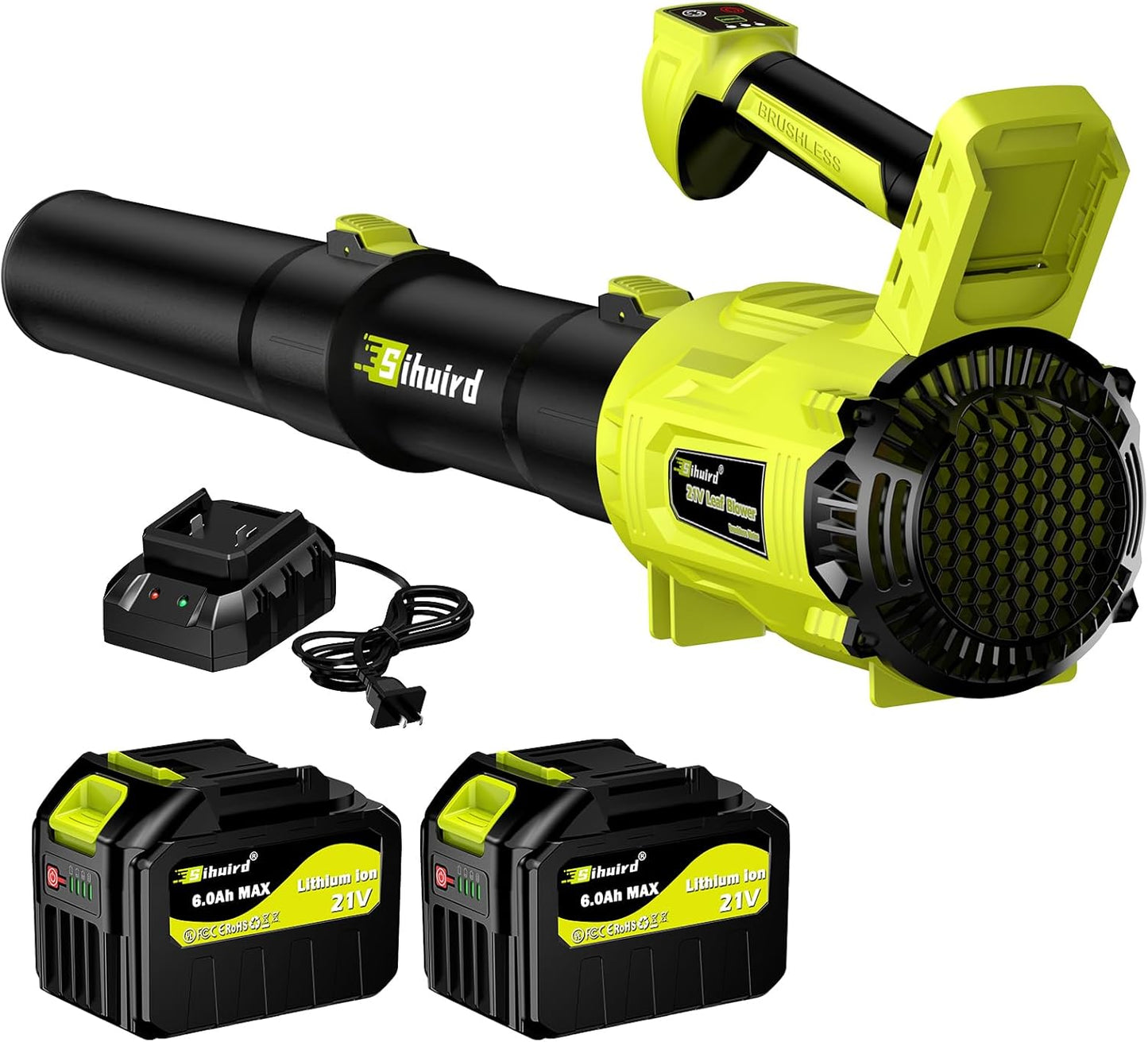 Leaf Blower Cordless,2 x 21V 6.0Ah Battery and Charger, with 680CFM 190MPH Electric Cordless Leaf Blower, 3-Variable Speed & Turbo Mode, Blowers for Lawn Care (5002 E) (Green)