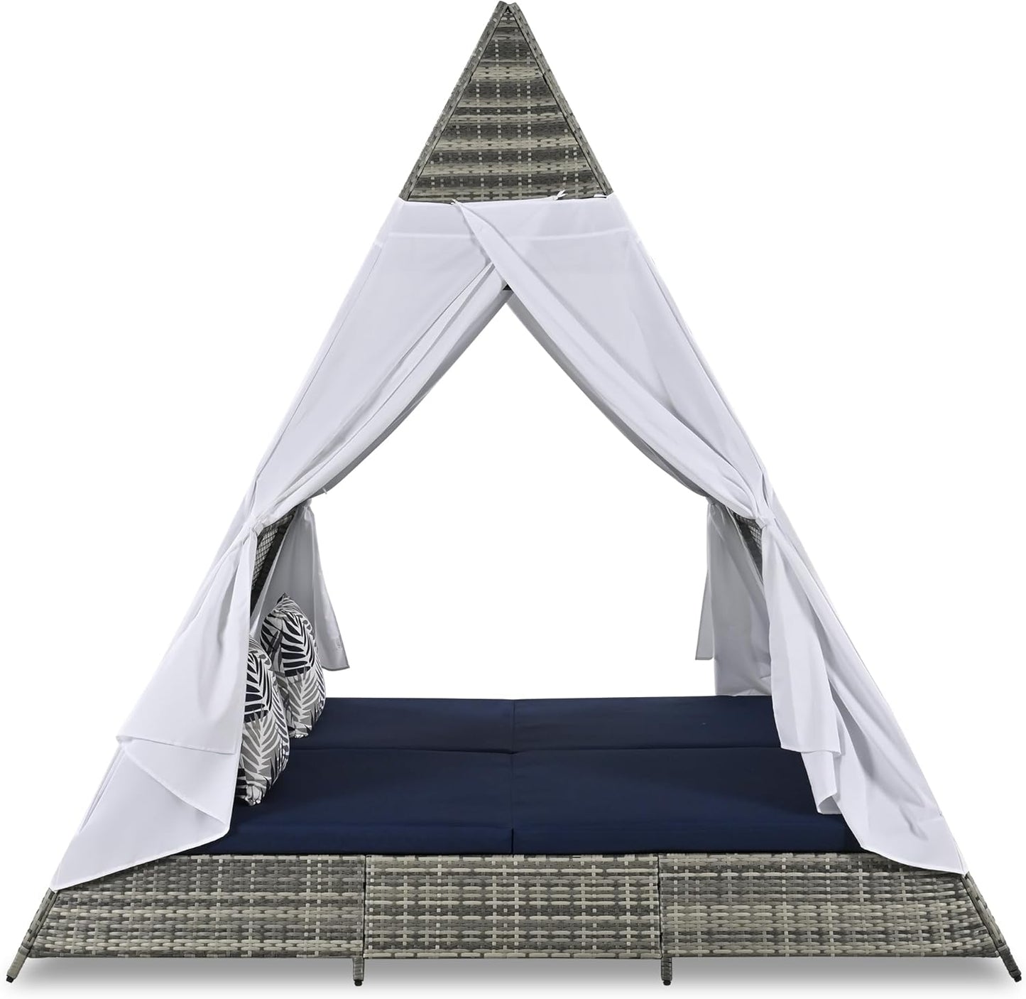 kevinplus Outdoor Patio Sunbed Daybed with Tent for Garden Backyard Pool, Adjustable Feet & Weather-Resistant Rattan Material, Gray and Blue