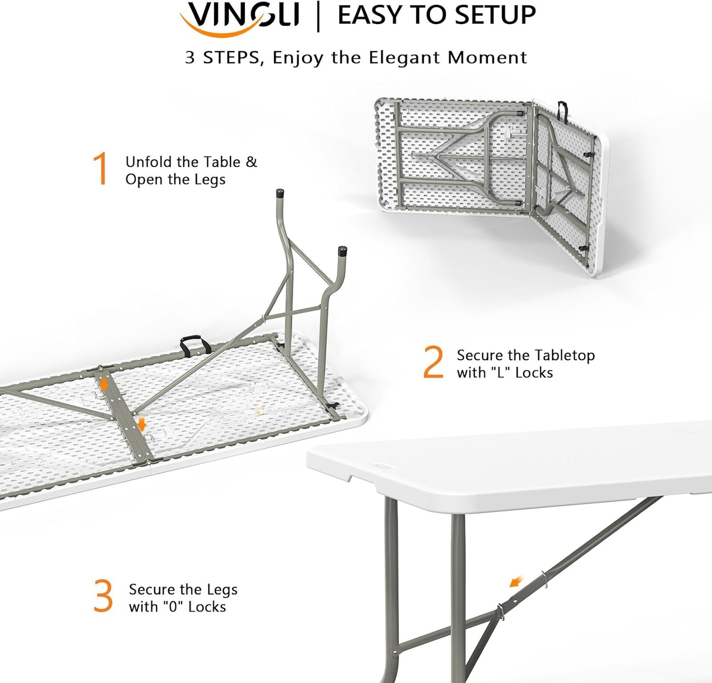 VINGLI 8 Foot Plastic Folding Table Portable Long Table for Indoor Outdoor Use Rectangular with Carrying Handle，White
