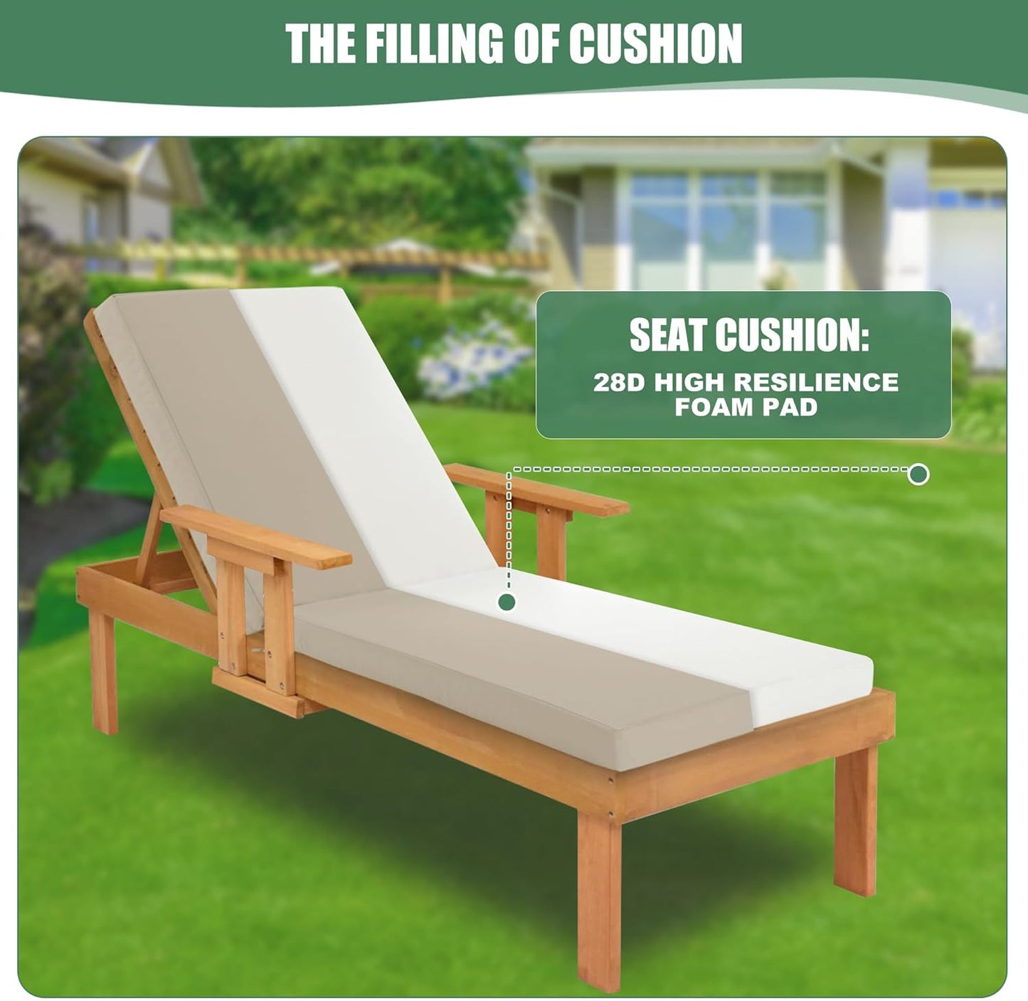 Chaise Lounge Cushions Outdoor - Waterproof and Fade Resistant Sun Lounger Replacement Cushions - Patio Lounger Pads with Removable Cover for Pool, Deck, Lawn, 72 x 21 x 3 Inch, Cream