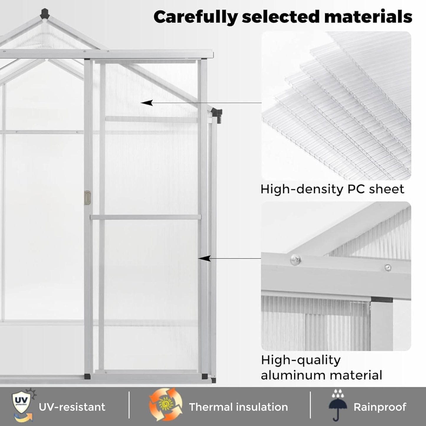 Aluminum Greenhouse for Outdoors, 6 x 8 FT Polycarbonate Walk-in Greenhouse with Quick Setup Structure and Adjustable Roof Vent, Silver