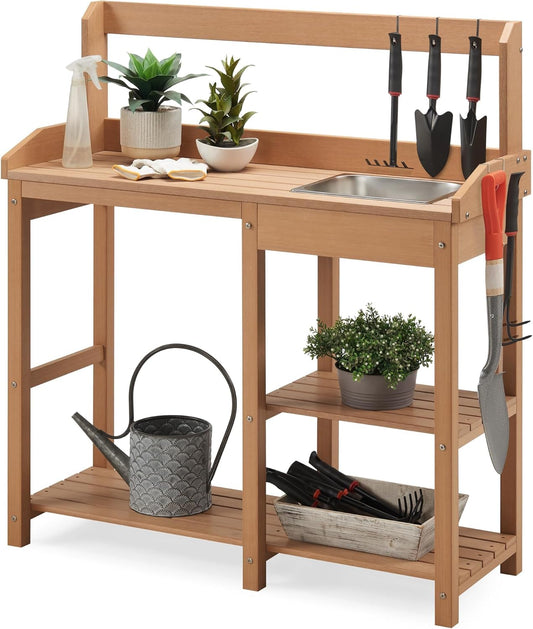 Psilvam Outdoor Potting Bench with Sink for All-Weather Gardens, HDPE Potting Benches for Outside, Planting Table for Garden, Patio and Lawn (Teak Color)