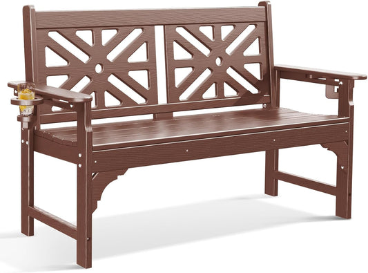 nalone Outdoor Bench with Cup Holders, HDPE All Weather Porch Bench Load up to 800 Lbs, 2-Person Garden Benches Rot-Proof Fade Proof for Patio, Porch, and Park (Brown)