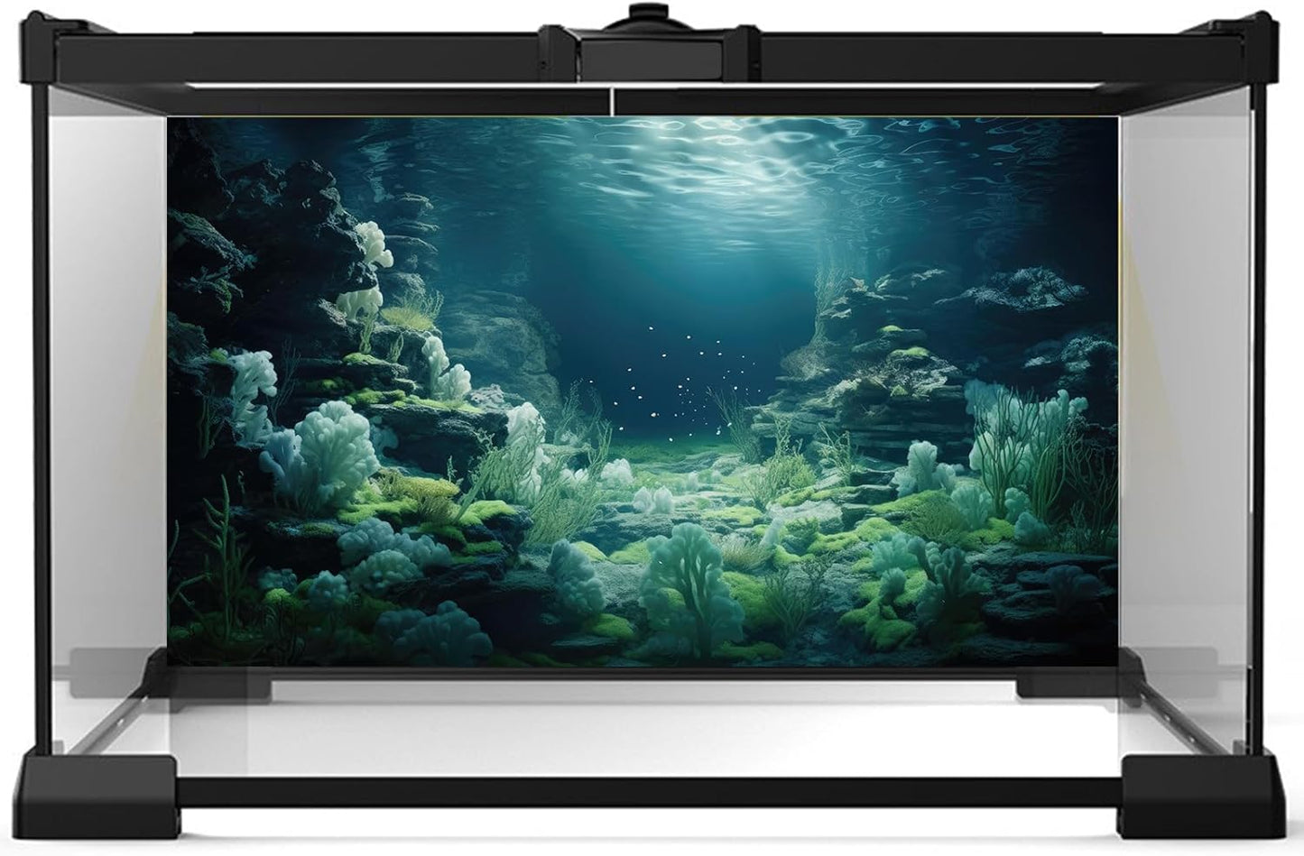 Aquarium Background Underwater Bioluminescent Life Coral Terrarium Backdrop White Coral Lush Moss Fish Tank Background Rock Sunlight Rays Tank Aquarium Wallpaper Poster Vinyl 48x18in