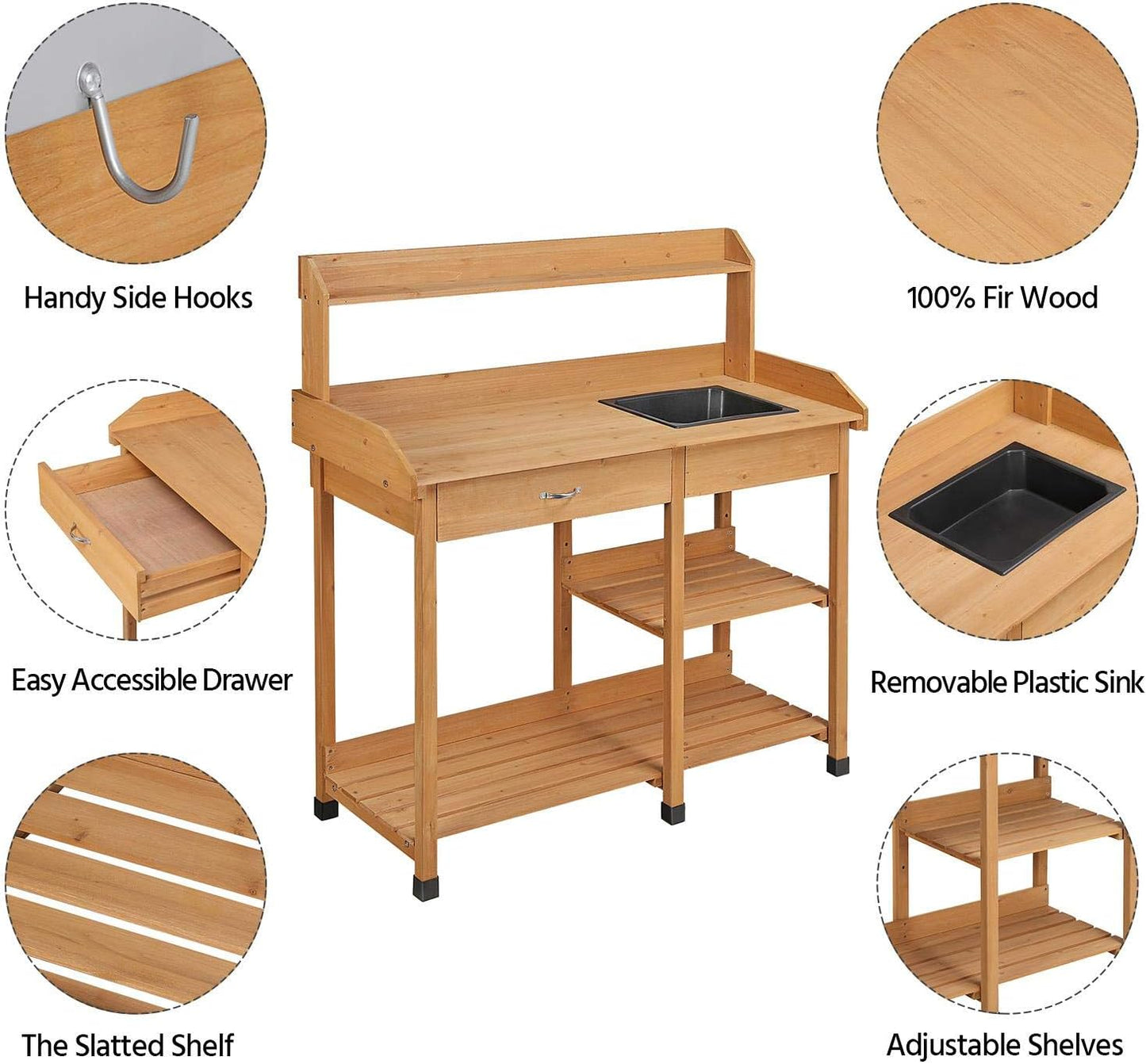 Yaheetech Potting Bench Outdoor Garden Work Bench Station Planting Solid Wood Construction for Horticulture w/Sink Drawer Rack Shelves Natural Wood