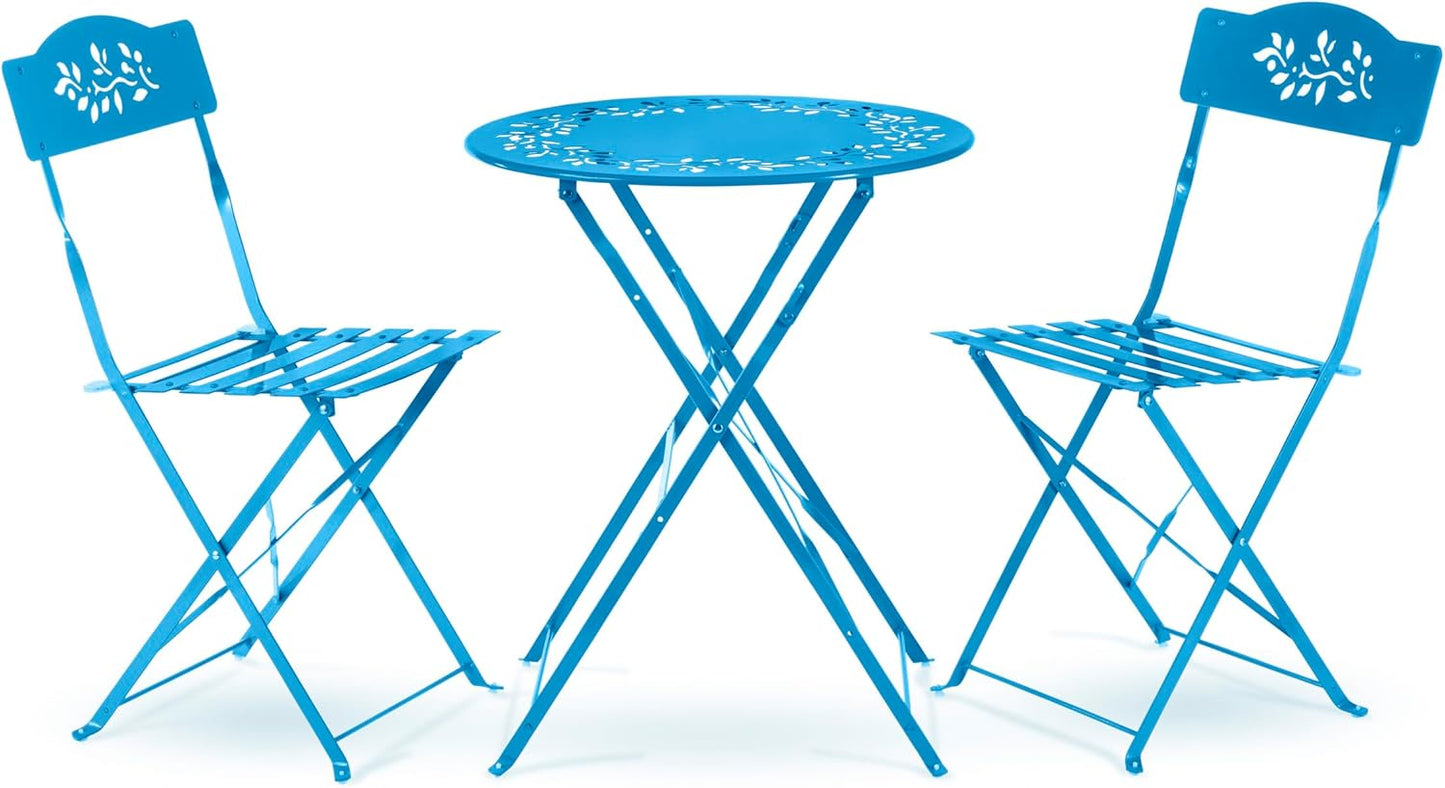 Alpine Corporation MSY100A-BL 3-Piece Indoor/Outdoor Bistro Set with Folding Table and Chairs, Durable Steel Patio Furniture, Vibrant Blue