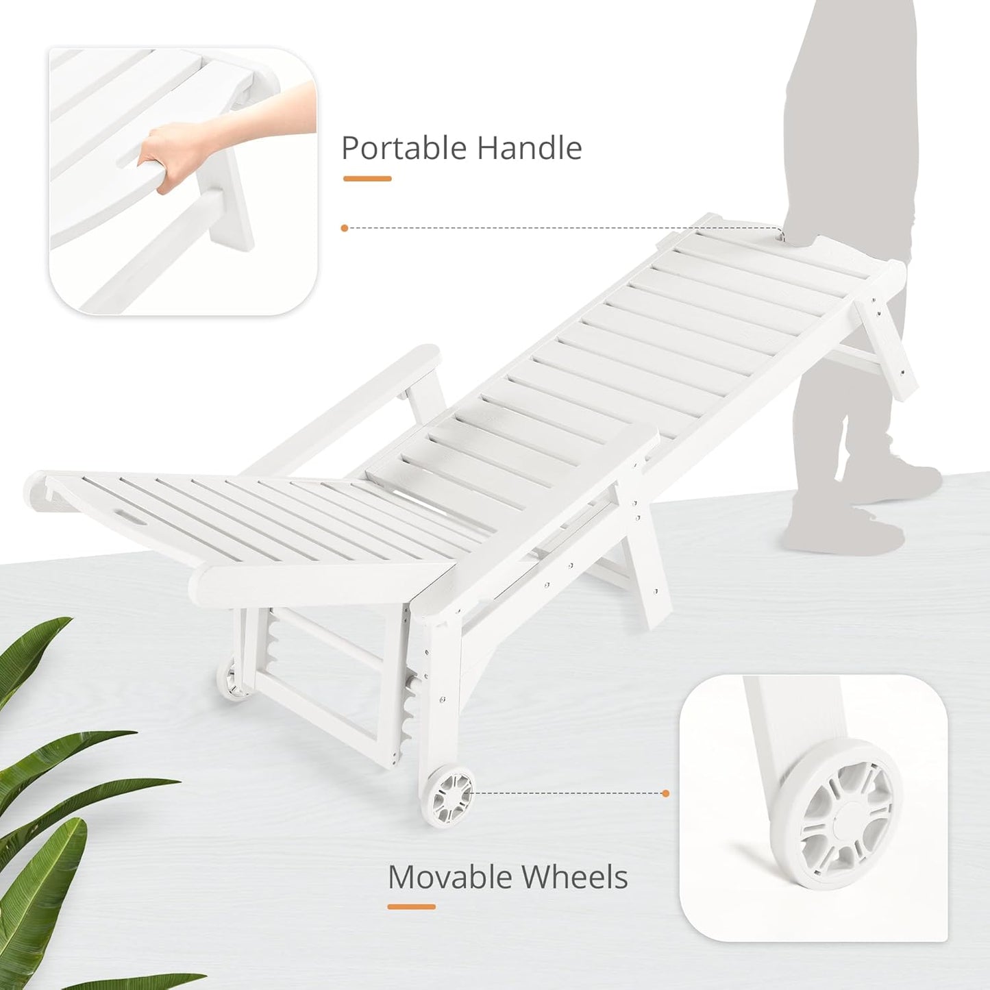 LUE BONA Outdoor Chaise Lounge, 79'' Oversized HDPS Chaise Lounger, 5 Positions Adjustable Lounge Chairs, Pool Lounge Chair with Wheels for Poolside, Backyard, 3 Year Warranty, White