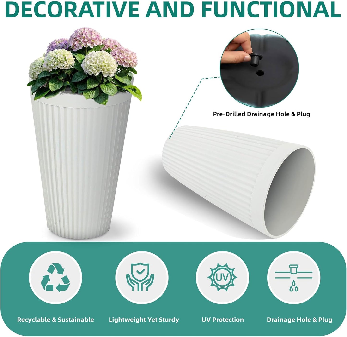 20" Resin Tall Planters for Outdoor Plants,Set of 2 Matt White Large Flower Pots with Handmade Fluted Texture,Heavy-Duty and Weather-Resistant for Year Round Indoor Outdoor use
