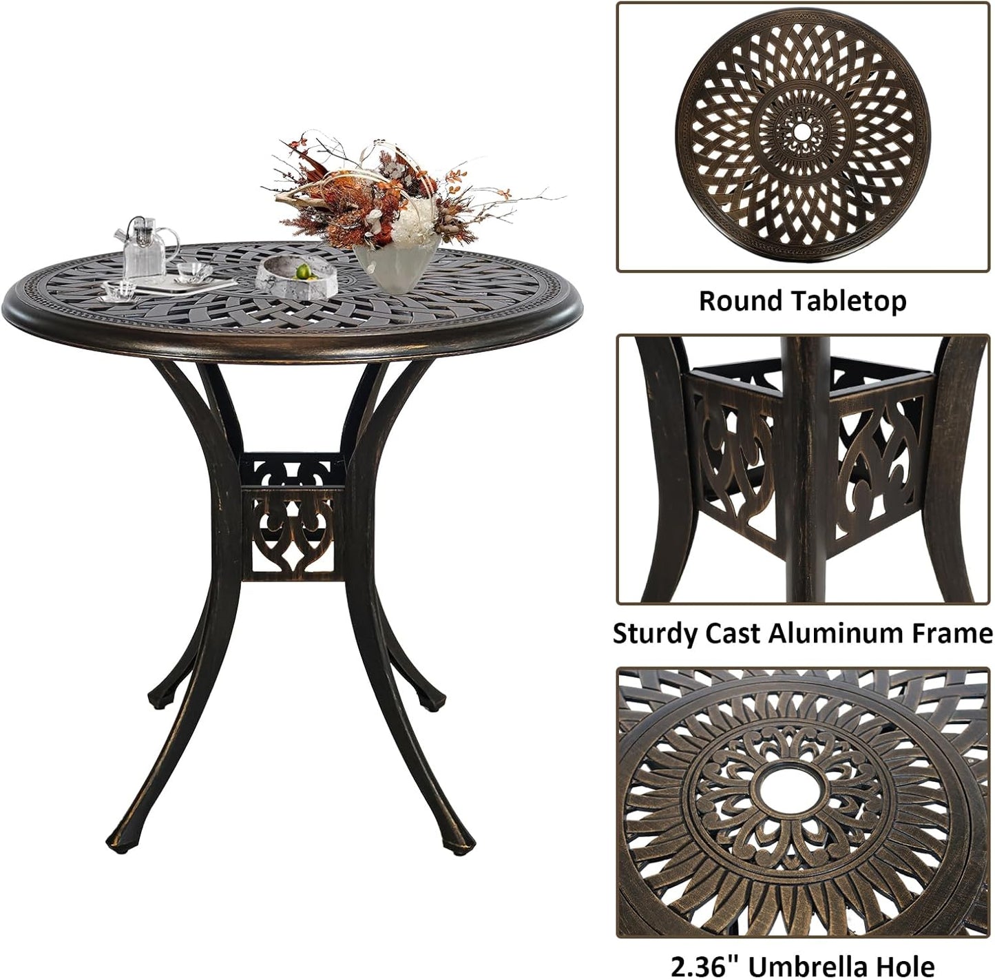 Outdoor Bistro Set 3 Piece, All Weather Bistro Table and Chairs Set, Cast Aluminum Patio Bistro Sets with 2.36" Umbrella Hole, Patio Furniture Set for Garden Porch