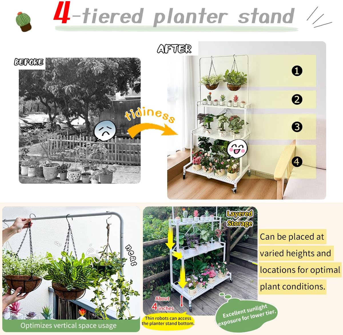 lumizone Foldable 4-Tier Plant Stand Indoor Outdoor Hanging Plant Shelf No Assembly Required Pot Placement Area With Wheels Sturdy Fall Prevention Storage Shelf Flower Pot Stand(4 Tier-White)