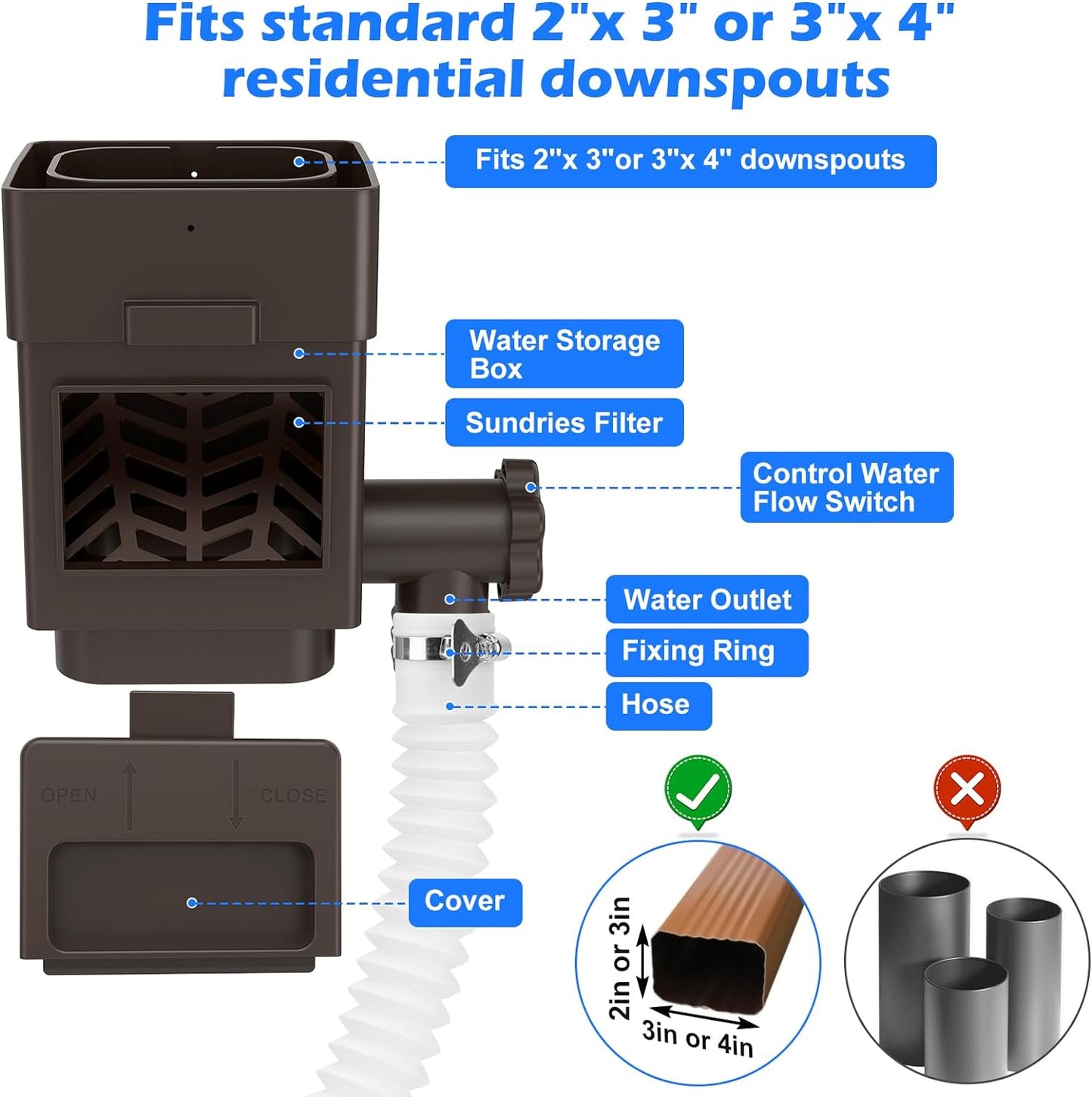 WADEO Rainwater Collection System, Downspout Diverter Fits for 2"x 3" or 3"x 4" Residential Downspouts, Rain Barrel Diverter Kit with Adjustable Valve and Filter, 5FT Hose, Brown