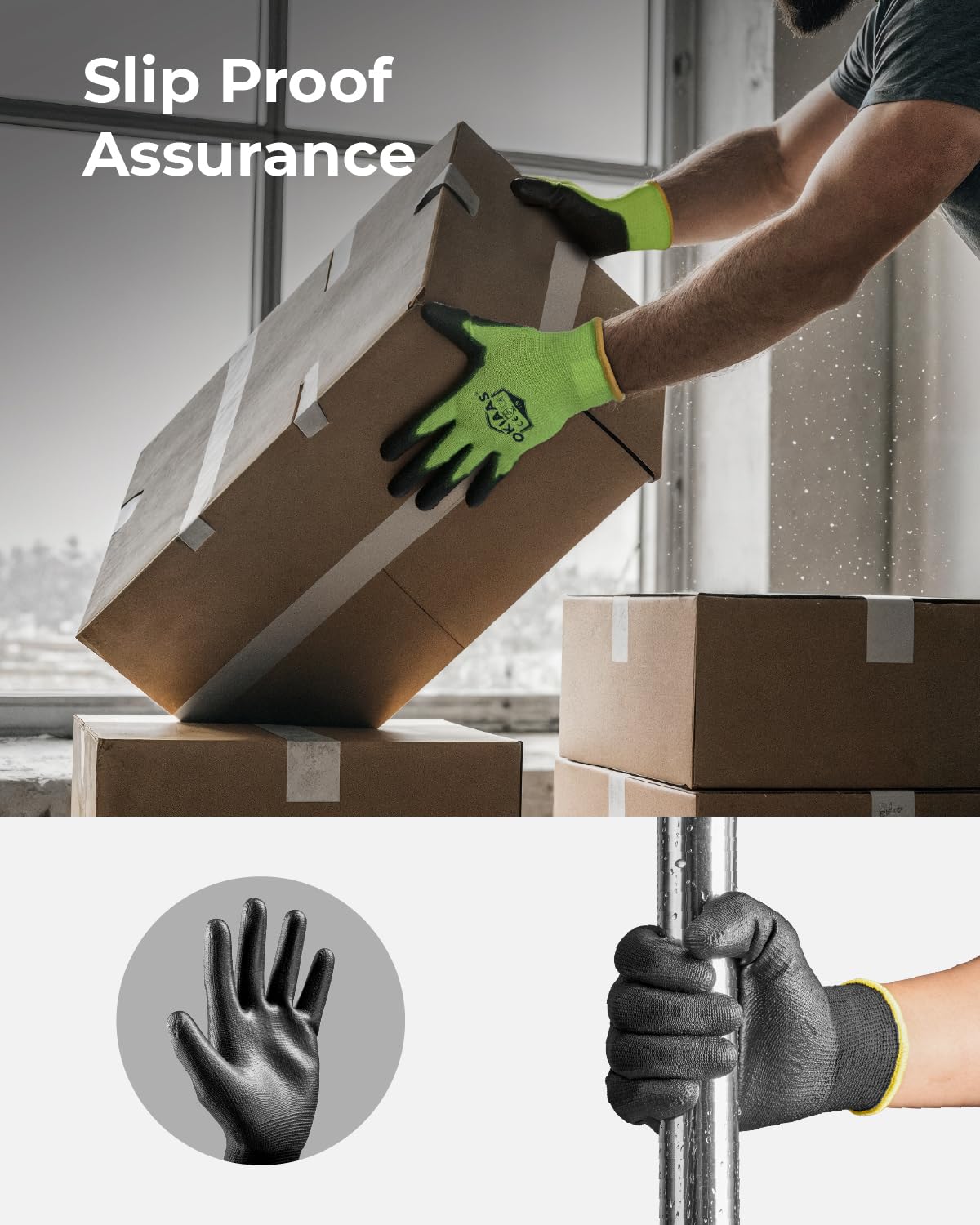 OKIAAS Work Gloves for Men - Ultra Thin and Lightweight With Grip, 12 Pairs Bulk Pack Construction With Polyurethane Coating, Safety for Light Duty Work (Green, Small)