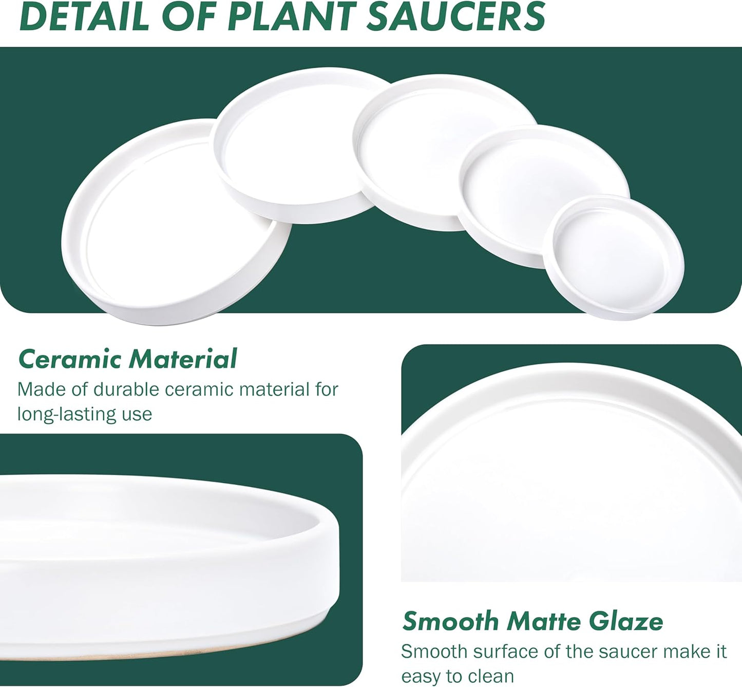 D'vine Dev Modern Round 5.4 Inch Ceramic Plant Pot Saucer, Planter Pot Drainage Tray for Indoor Plants, Set of 2, Matte White, 97-T-A-22