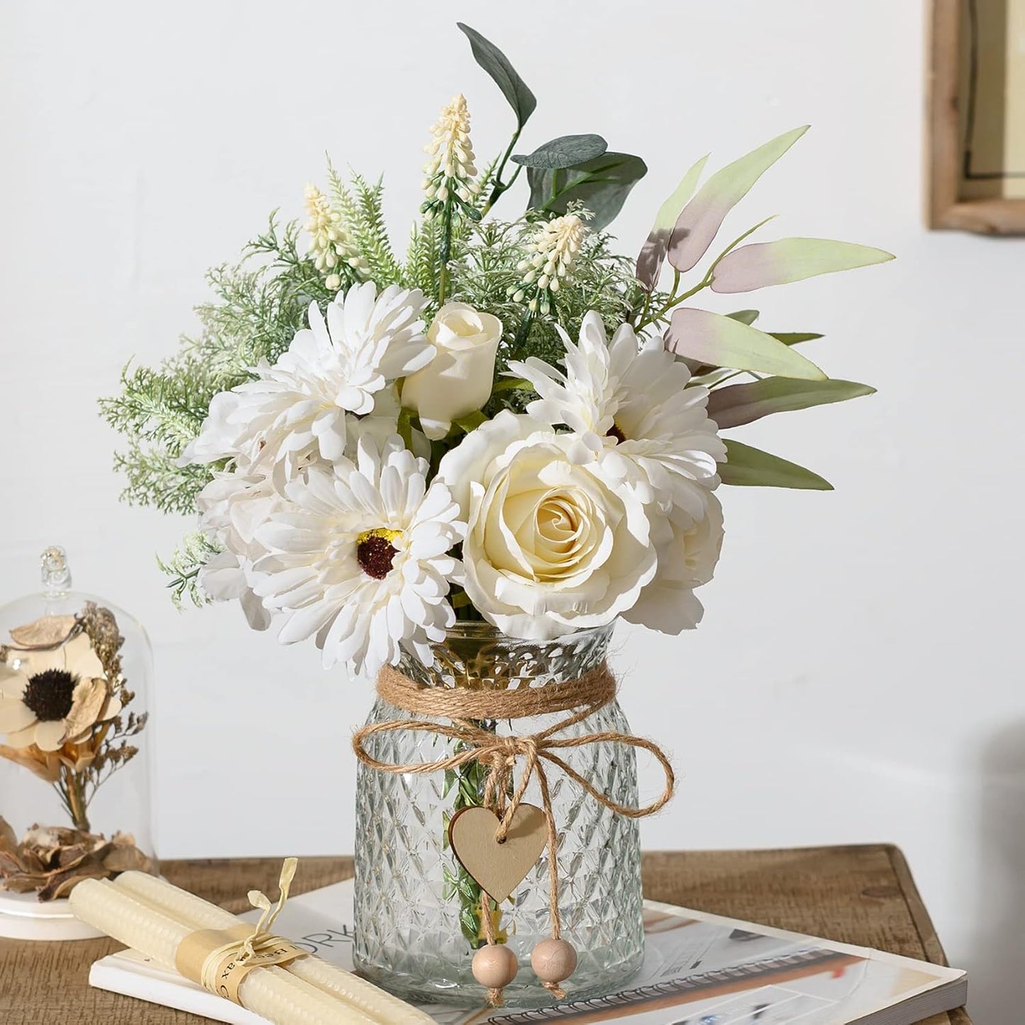 Artificial White Flowers with Vase, Fake Flowers Arrangement for Home Decor, Faux Flowers for Farmhouse Coffee Table Decor, House Kitchen Centerpiece Table Decorations