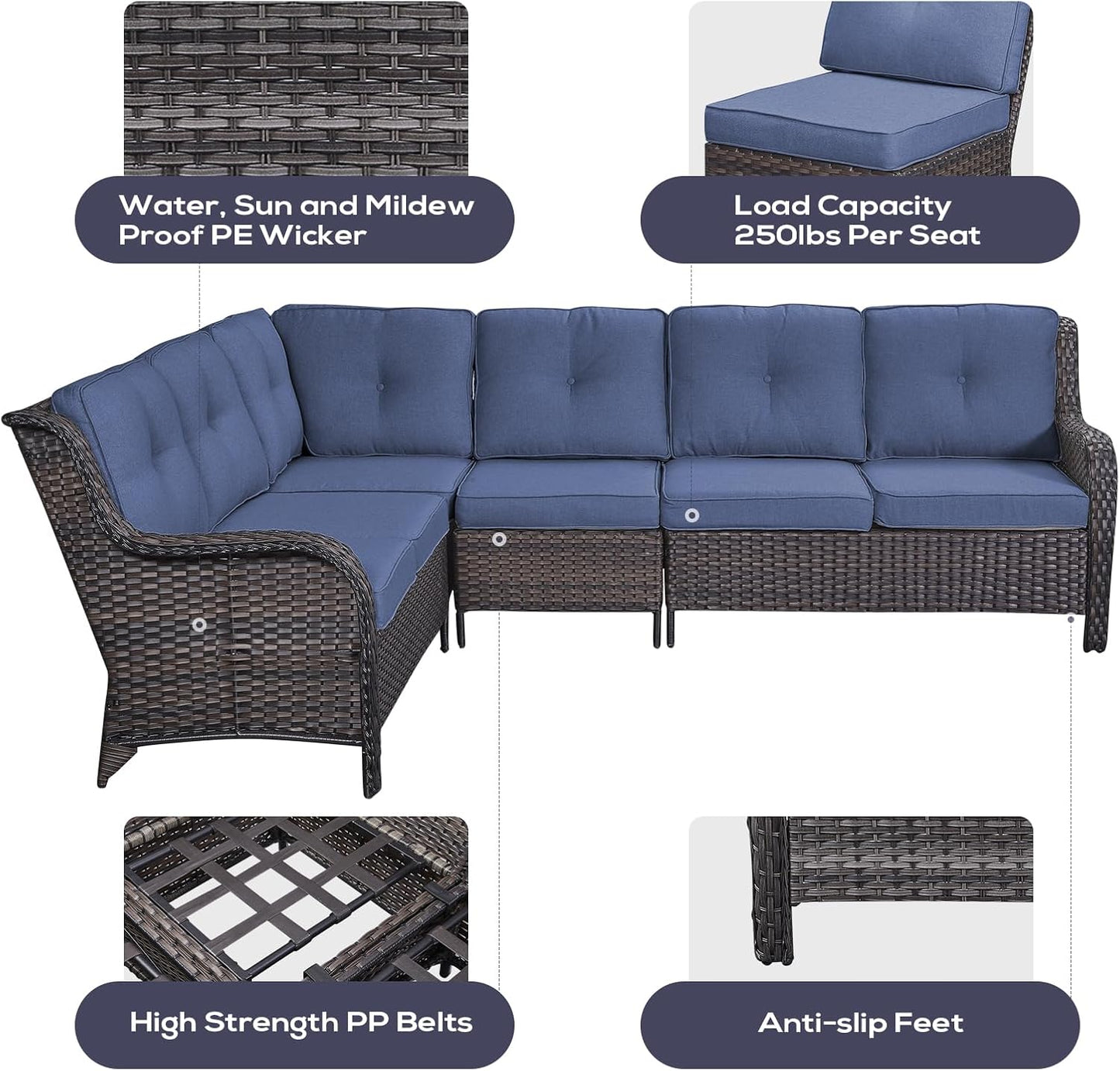 Outdoor Furniture Sectional Sofa L Shaped Couch - Patio Wicker Set with 2 Swivel Glider Chairs, 5 Piece Rattan Patio Conversation Sets with Blue Cushion for Deck Backyard Sunroom