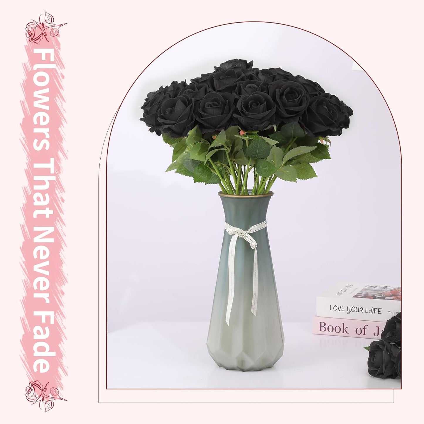 55 PCS Fake Roses Artificial Flowers Bulk, Black Roses Bridal Bouquet Silk Faux Rose with Stems for Wedding Flowers Decoration, Valentine's Day, Bridal Bouquet, Anniversary,Home Decor (55PCS, Black)