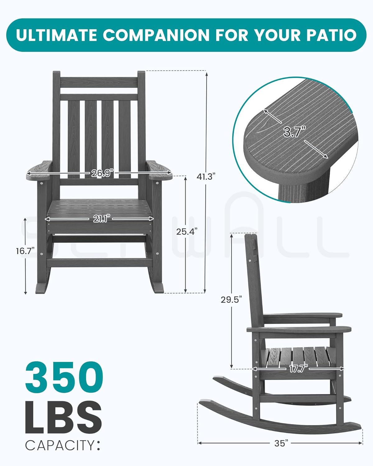 SERWALL Oversized Outdoor Rocking Chair Set of 2, HDPE Rocker for Adults, Patio Rocking Chairs for Porch, Grey