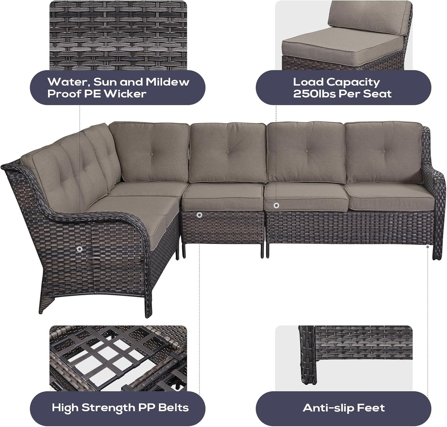 Outdoor Sectional Sofa Furniture Set with 50000BTU Propane Fire Pit Table, Wicker Patio Conversation Set with 2 Swivel Glider Rocker Chairs Grey Cushion Perfect for Backyard Casual Gathering