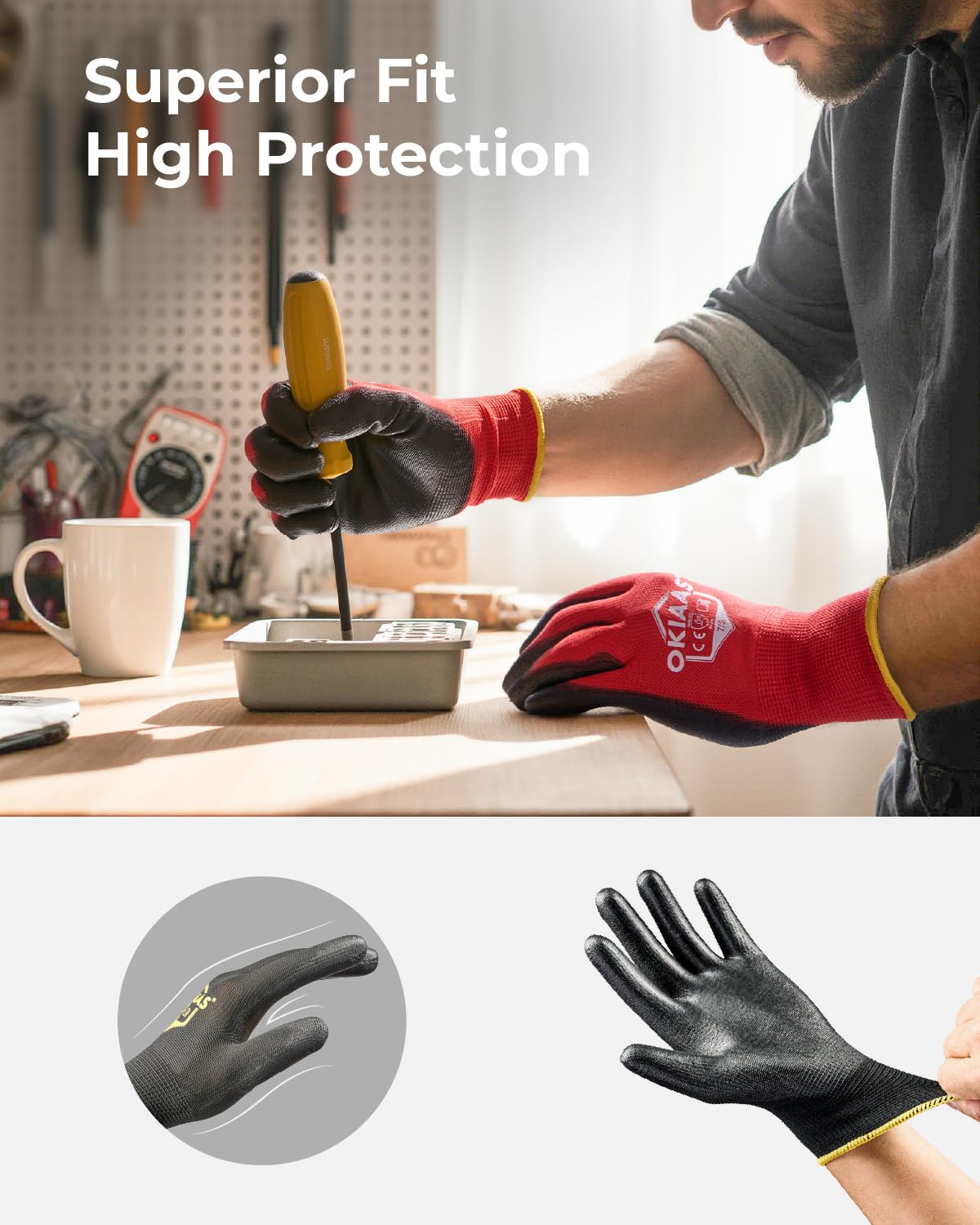 OKIAAS Men's Large Blue 12 Pairs Ultra Thin and Lightweight Working Gloves with Grip, Polyurethane Coating, Safety Gloves for Light Duty Work