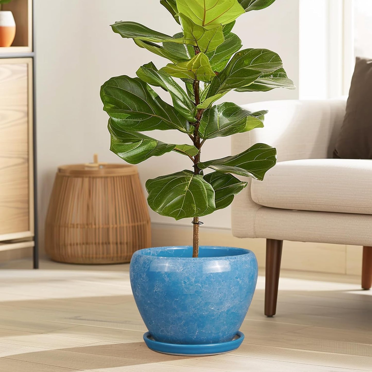 Ceramic Planter - 8 Inch Plant Pot with Drainage Hole and Saucer, Glaze Round Flower Pot for Home Garden Patio Office, Blue