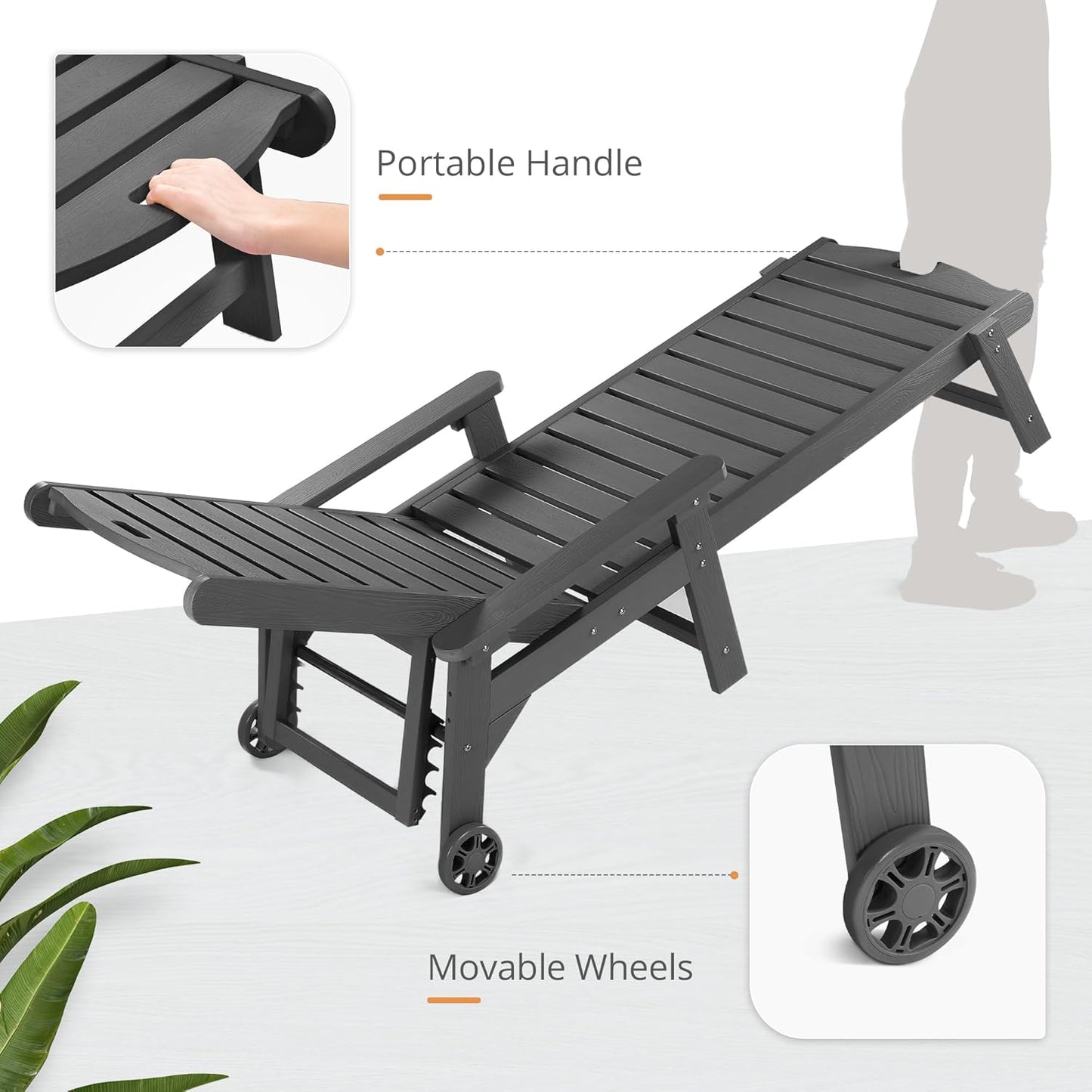 LUE BONA Chaise Lounge Chair with Table, 2-Piece,79'' Oversized HDPS Chaise Lounger, 5 Positions Adjustable Lounge Chairs, Pool Lounge Chair with Wheels for Poolside, 3 Year Warranty, Dark Gray